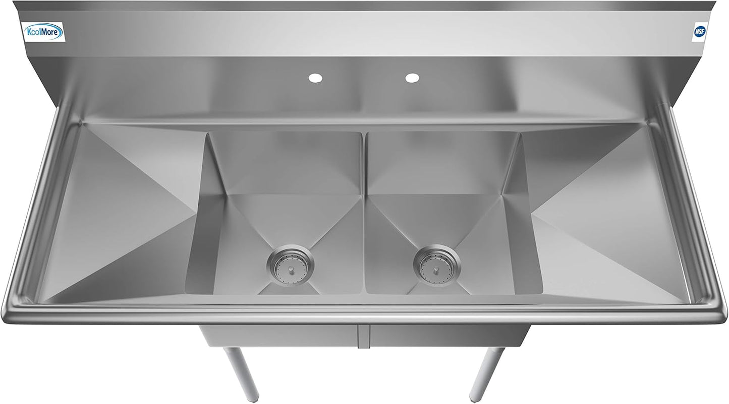 KoolMore - SB141611-12B3 2 Compartment Stainless Steel NSF Commercial Kitchen Prep & Utility Sink with 2 Drainboards - Bowl Size 14" x 16" x 11", Silver