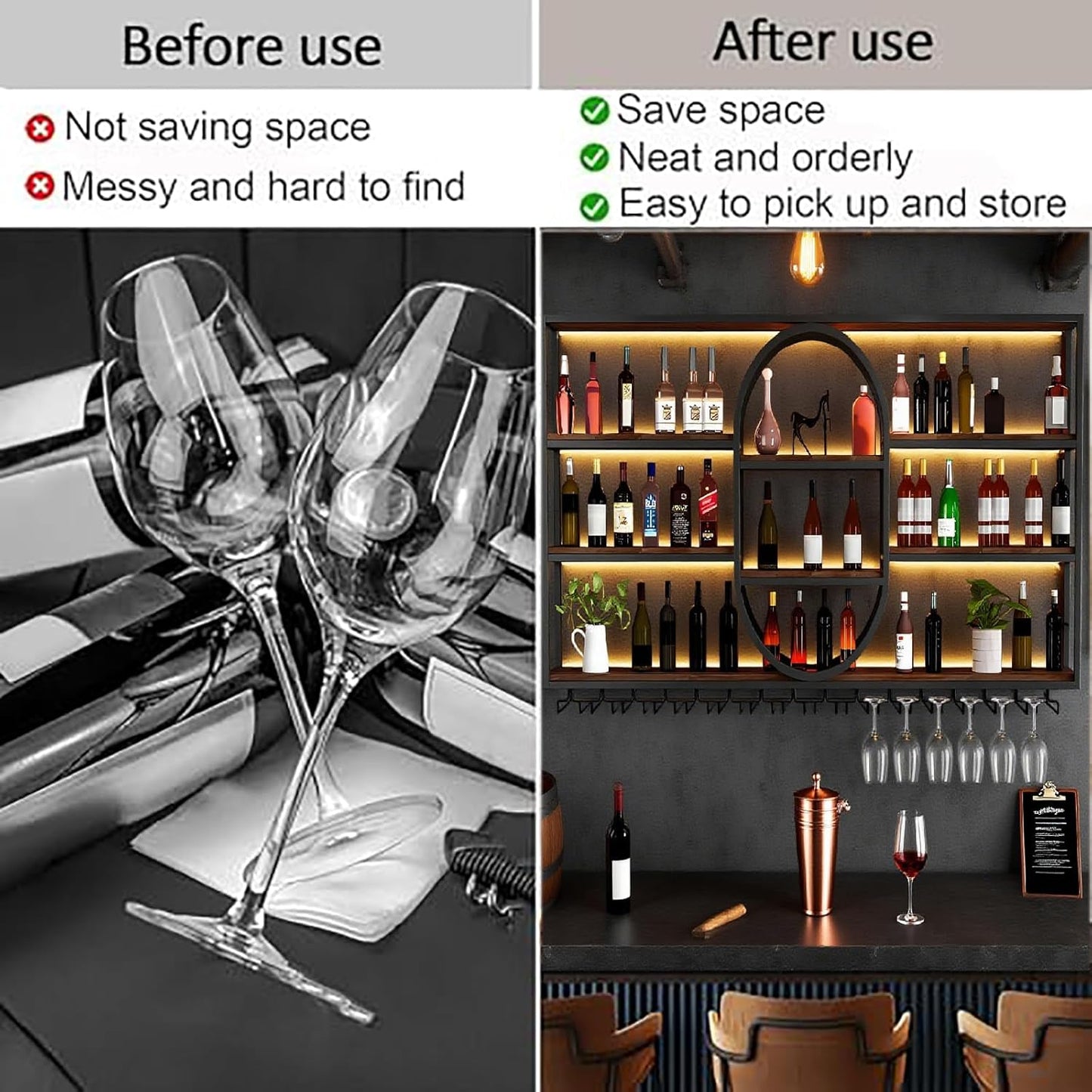 55.1IN Large Wall Mount Wine Rack, Metal 4 Tier Hanging Bottle Holder with Wine Glass Storage Racks, Modern Floating Wine Shelves for Home Bar Dining Room Decoration (Gold)
