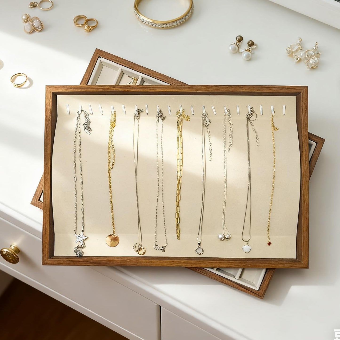 Large Jewelry Trays for Drawers Stackable Velvet Jewelry Display for Vendors Jewelry Drawer Organizer Inserts for Rings Necklace Bracelets Earrings and Studs Earrings (Beige, 20 Hooks)