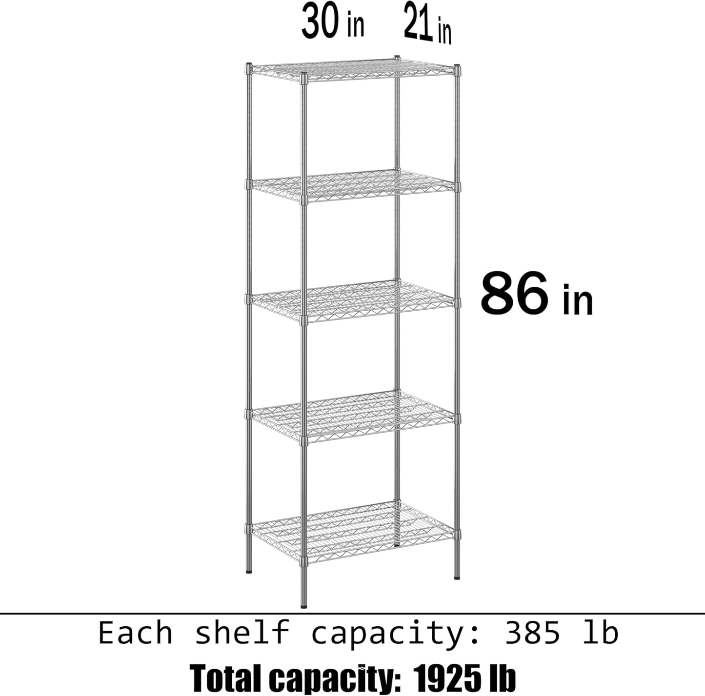 21" Deep x 30" Wide x 86" Height Wire Shelving Kit | 5-Tier | NSF Commercial Storage Rack Unit