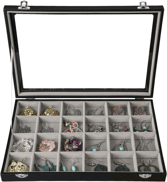 Stratalife Earring Organizer Velvet Jewelry Organizer Box 24 Grid Earring Tray Jewelry Display Jewelry Storage Jewelry Trays For Drawers Jewelry Display Case With Clasp (Gray Black)