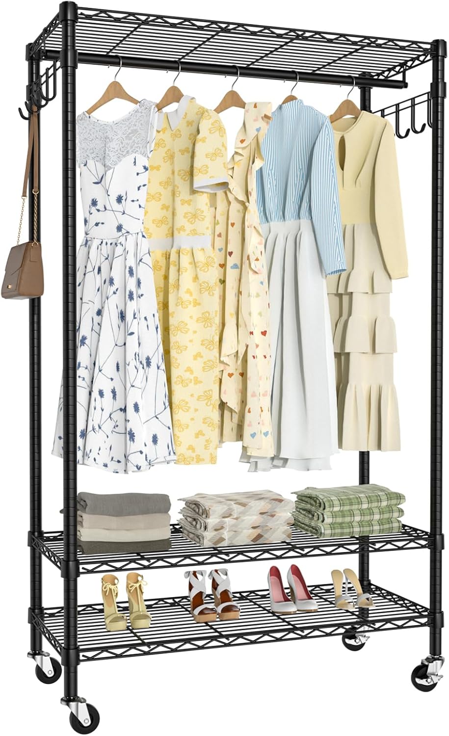 Garment Rack Heavy Duty 3 Tiers Adjustable Freestanding Metal Rolling Clothing Rack with Double Rods and Side Hooks for Hanging Clothes, Black