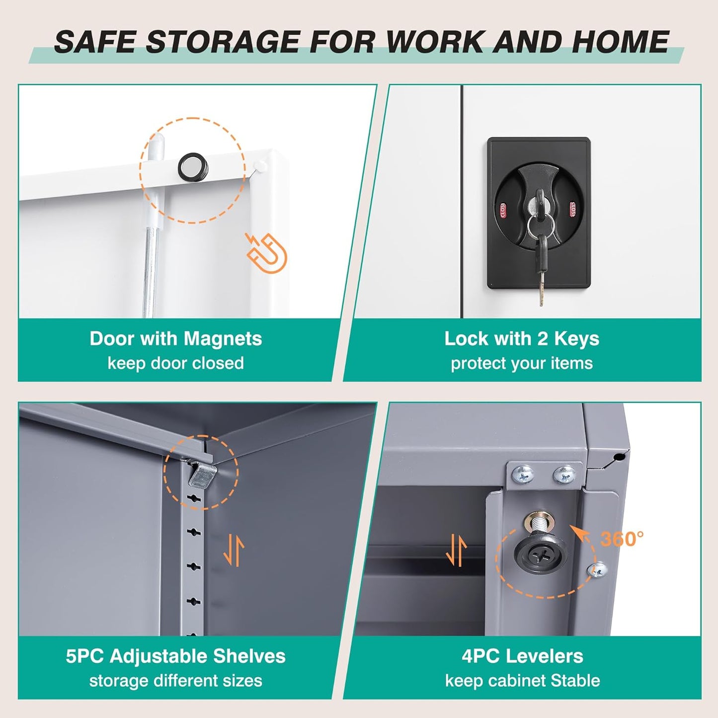 Wide & Deep Metal Storage Cabinet with 6 Shelves,72 inch Tall Garage Storage Cabinet with Lock,Gray White Metal Cabinets with Locking Doors,Large Steel Lockable Cabinets for Home,Office,Shop,Garage