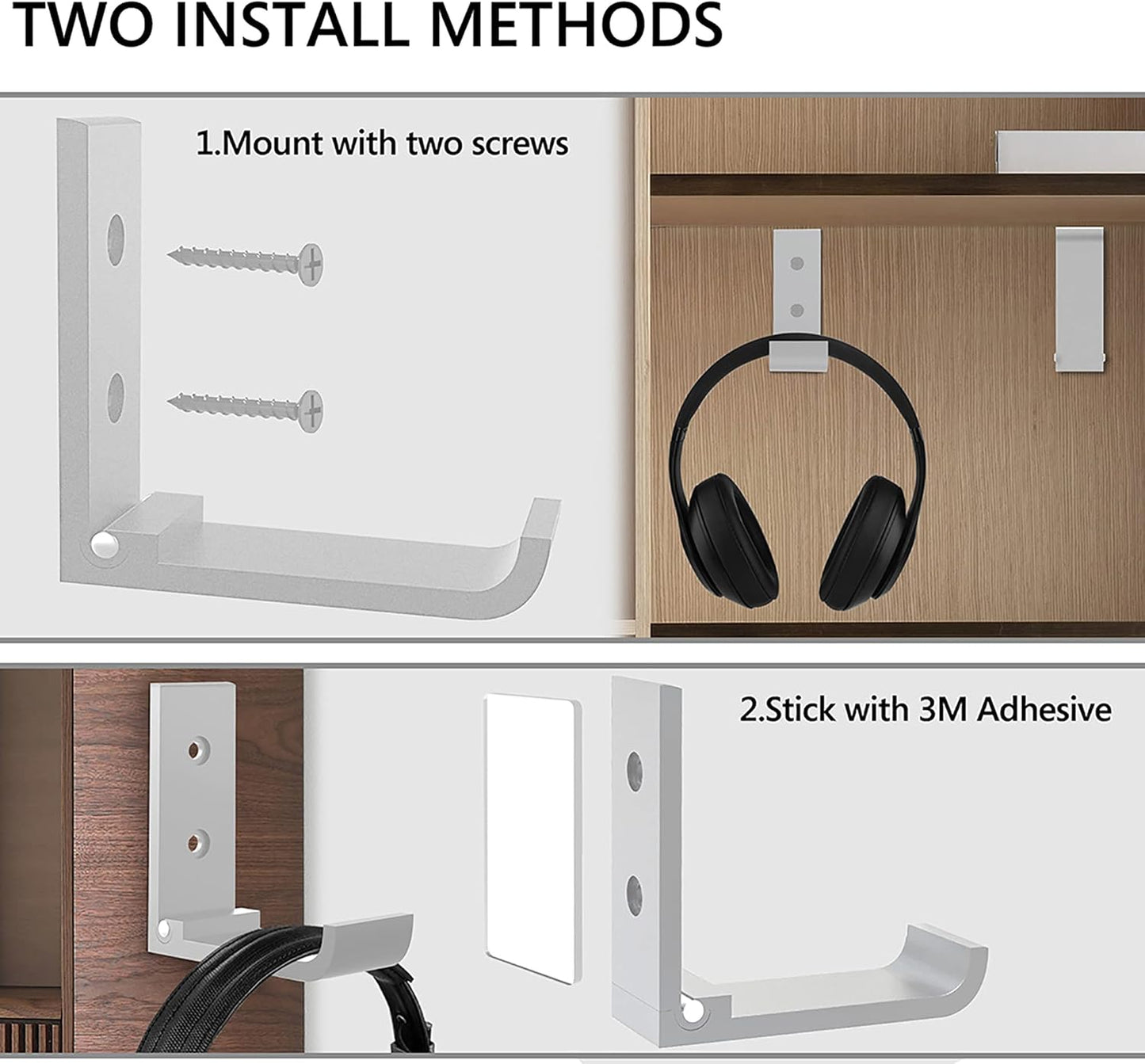 Geekria Foldable Wall Mount Headphones Holder, Headset Wall Hanger, Aluminum Wall Mount Hook, Hold Up to 1KG with 3M Tape, 20KG with Screws, Stand Come with Headband Protective Pad (2pcs)