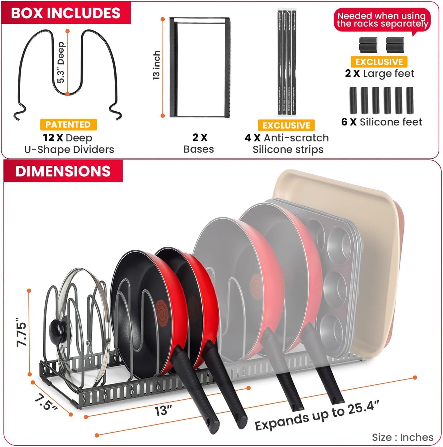Better Things Home 12+ Expandable Pan and Pot Lid Organizer Rack for Cabinet, Pot Lid Holder Pot Organizers Inside Cabinet, Pots and Pans Organizer Under Cabinet (Dark Grey, PAN & BAKEWARE)