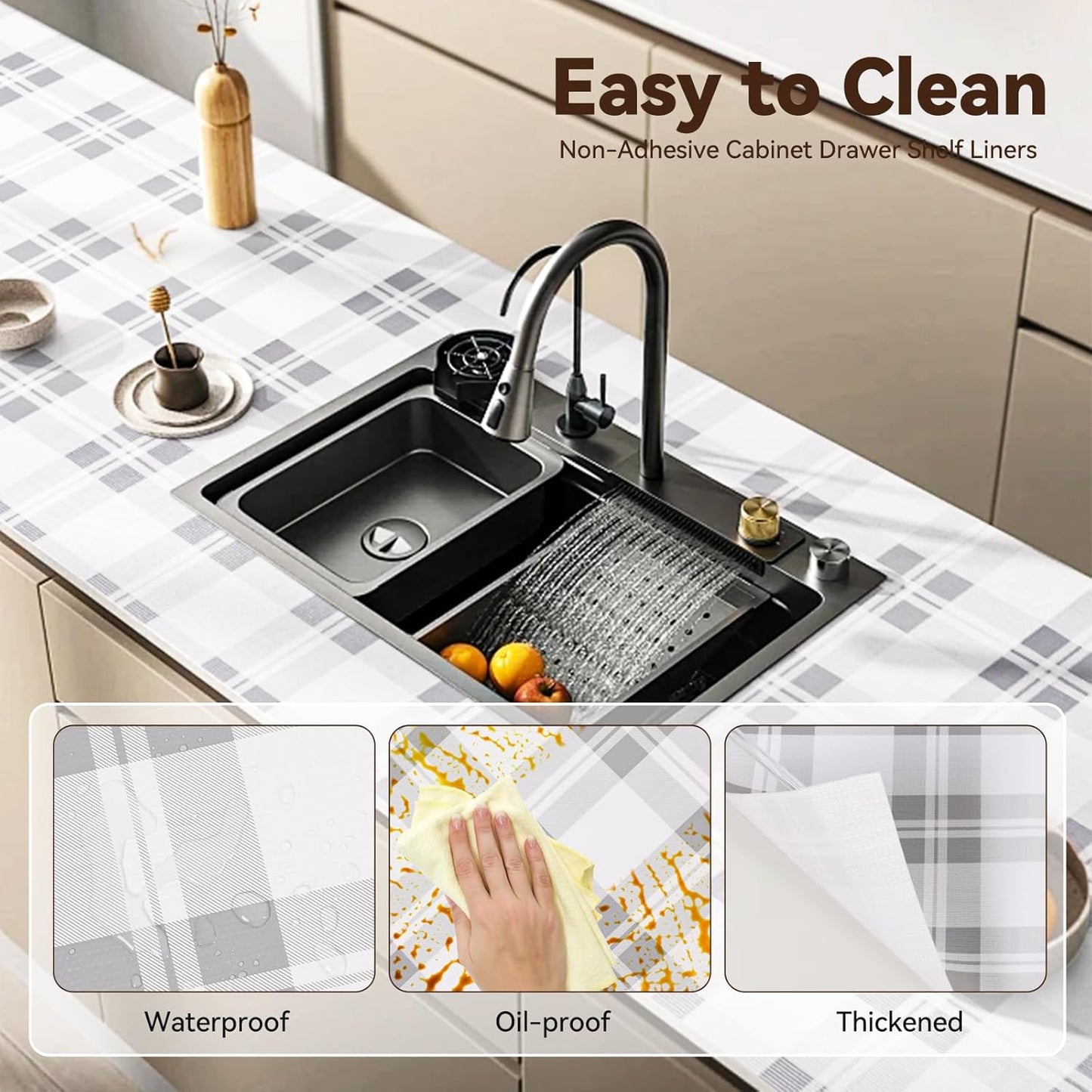Drawer Shelf Liner for Kitchen Cabinets 12 in x 20 FT, Non Adhesive Slip Resistant Shelf Paper Easy to Clean, Strong Grip Thickened Waterproof Washable Mats for Pantry Shelves Cupboard Dresser, Grey