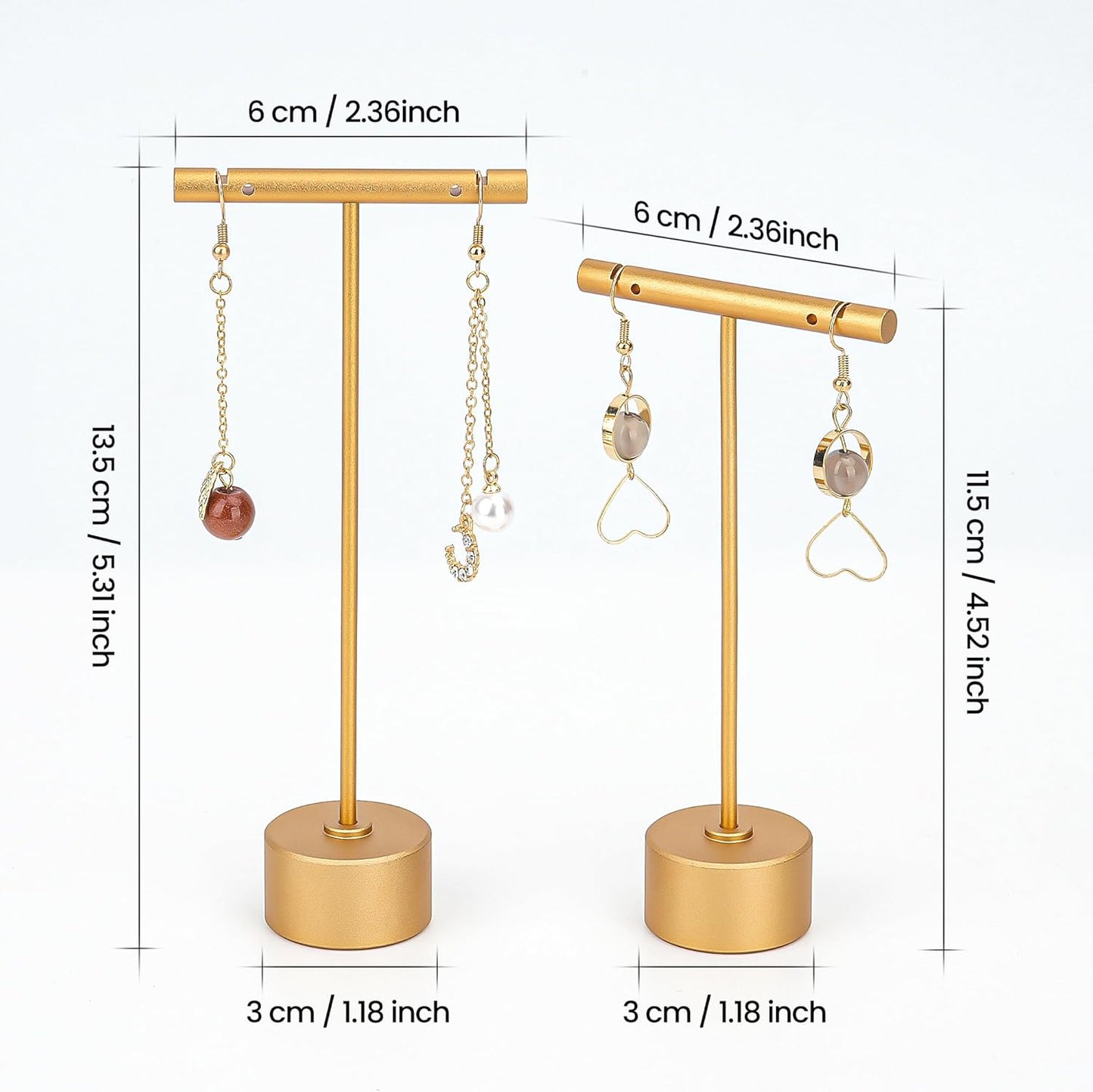 Metal Earring Stand Display Round Base Earring T Bar Display Necklace Bracelet Ring Ear Studs Jewelry Display Rack for Vendors Photography and Showcase, Gold 2pcs Height 5.31" and 4.52"