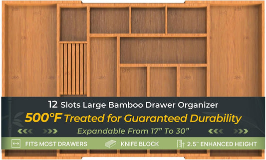Carbonized Large Bamboo Kitchen Drawer Organizer, 12 Slots Expandable Silverware Organizer, Utensil Holder & Cutlery Tray, 2.5" Deep for Extra Capacity, Non-Slip Feet Included