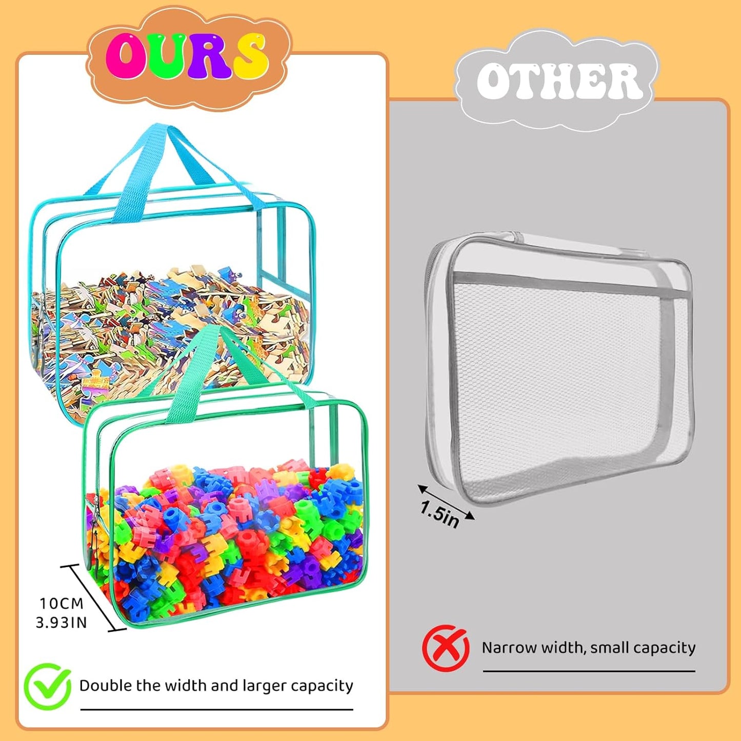 8 Packs 8 Colors Large Toy Storage Bags, Reusable Clear PVC Board Game Storage, Toy Organizers and Storage Bags with Zipper for Building Blocks, Puzzle and Handmade Accessories, Clear Toiletry Bag