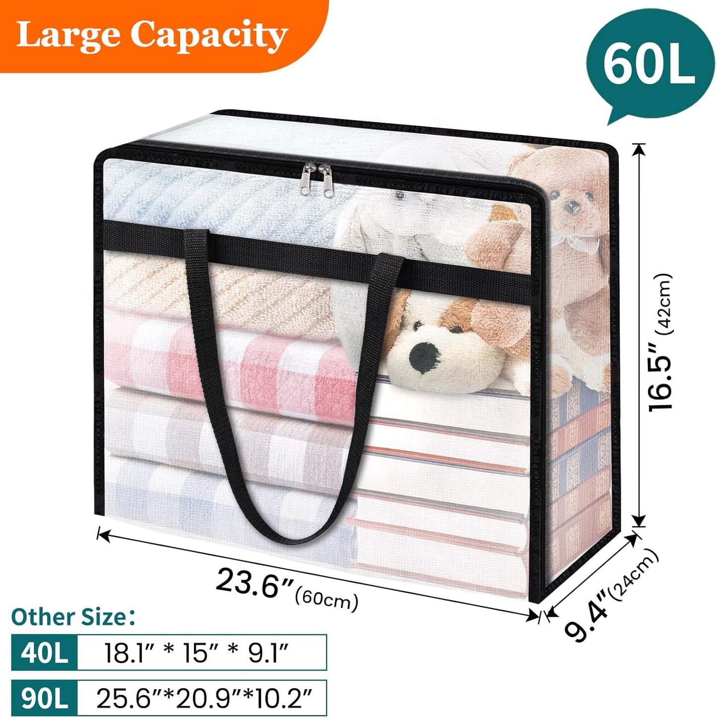 4 Pack Clear Storage Bags for Comforter, Clothes & Bedding, Plastic Blanket Storage with Zipper and Handle, Moving Bags, Closet Organizer and Under-Bed Storage (60L)