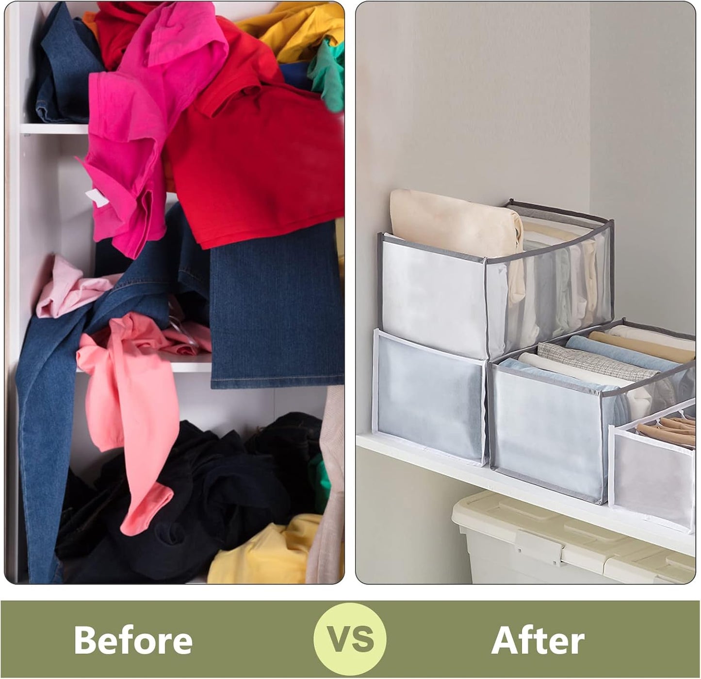 TOOVREN Closet Organizer 5PCS, Clothes & Pants Organizer for Folded Clothes, T-Shirts, Bras, Skirts, Jeans (7 Grids)