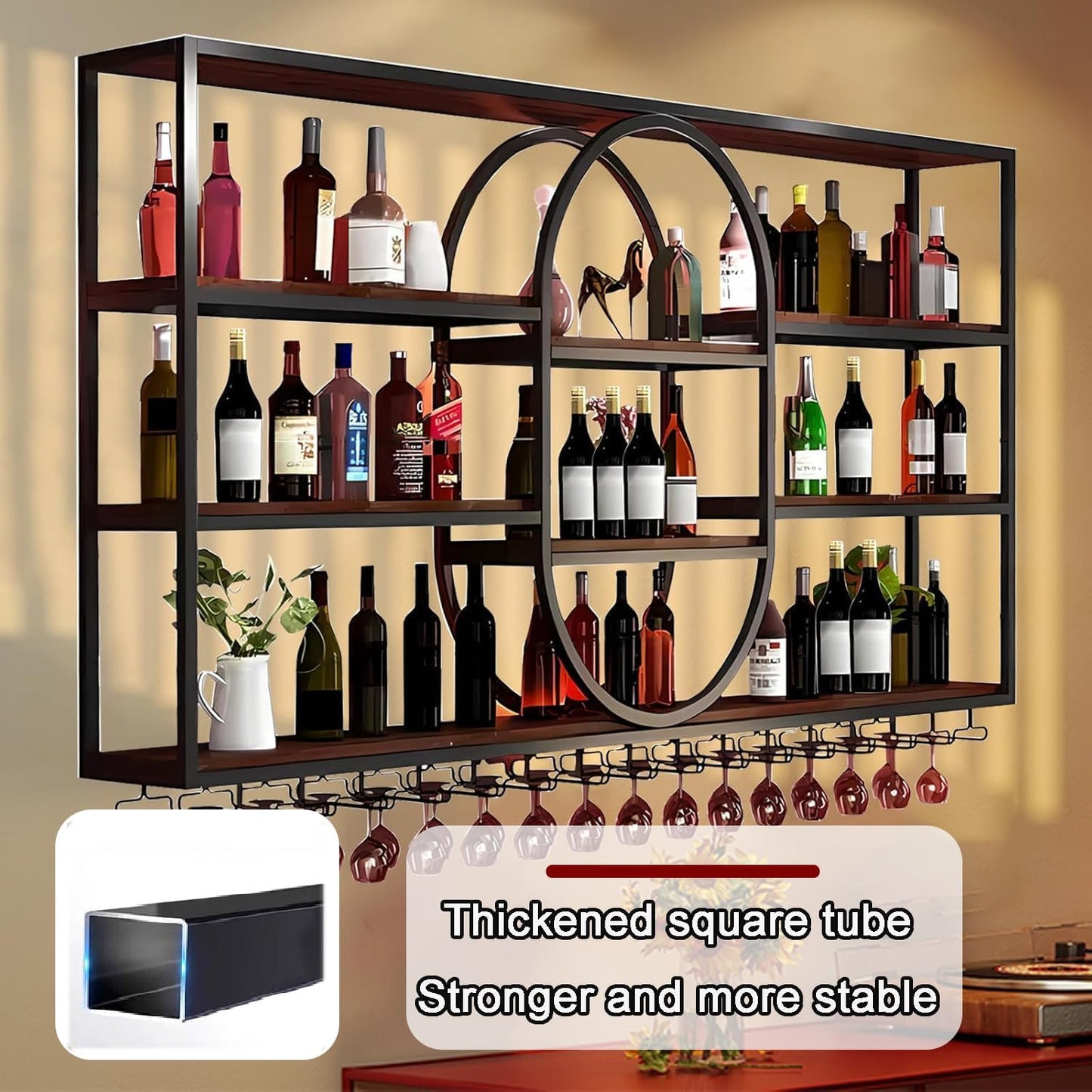 55.1INLarge Wall Mount Wine Rack, Metal 4 Tier Hanging Bottle Holder with Wine Glass Storage Racks, Modern Floating Wine Shelves for Home Bar Dining Room Decoration (Black)