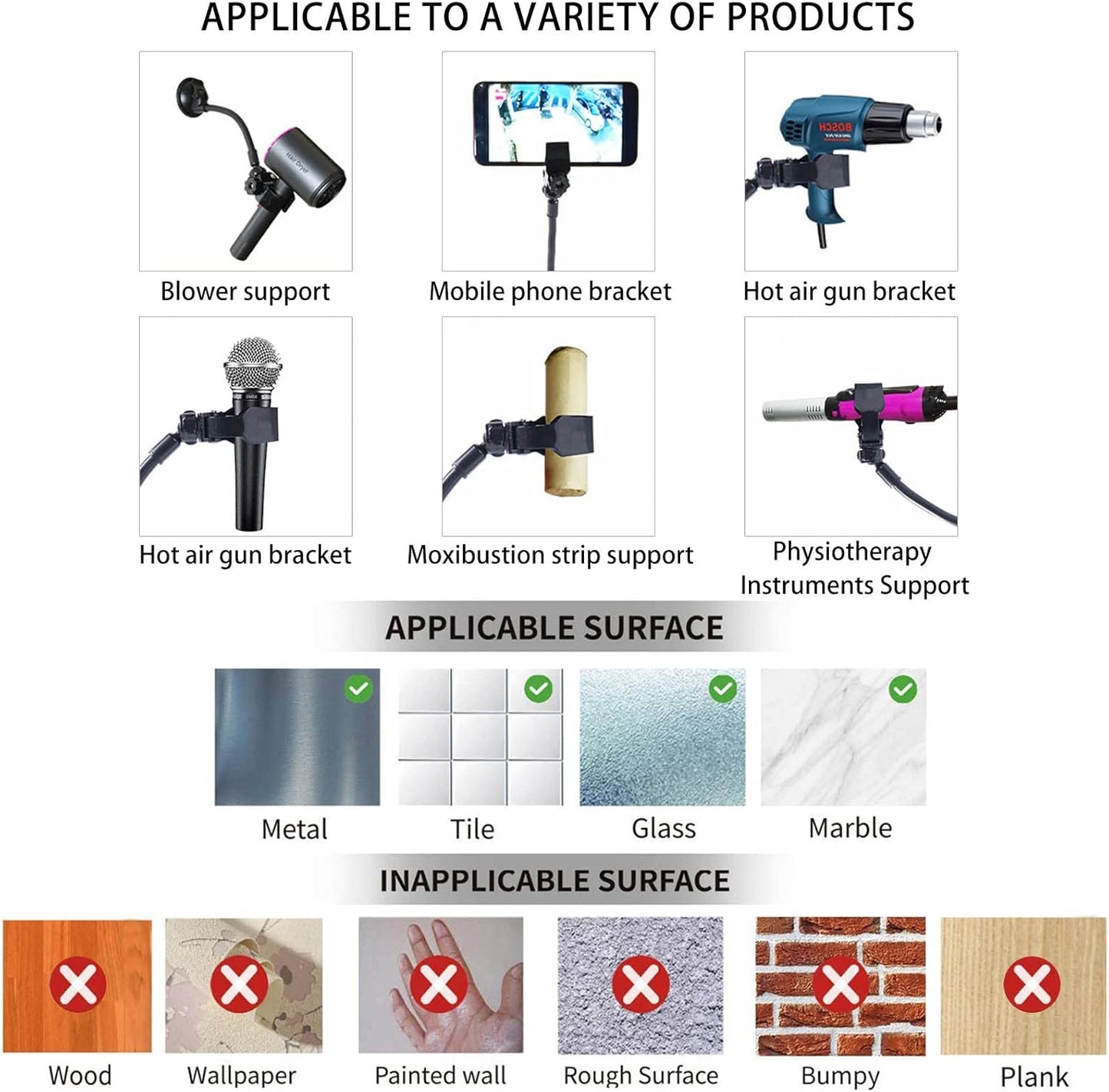 LUEXBOX Adjustable Hair Dryer Holder Stand, 360 Degree Rotation Blow Dryer Bracket with Positionable Arm and Suction Cup, Hands Free Hair Dryer Holder for Mirror and Ceramic Tile (Black 1Pack)