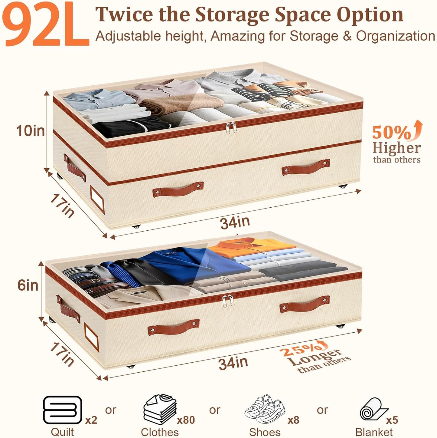 Dolicer 4 Pack Under Bed Storage with Wheels, 6in-10in Height Adjustable Underbed Storage Containers, 92L XXXL Under Bed Drawers Rolling Bin with Clear Lids for Dorm Shoes Clothes Organizers(Beige)