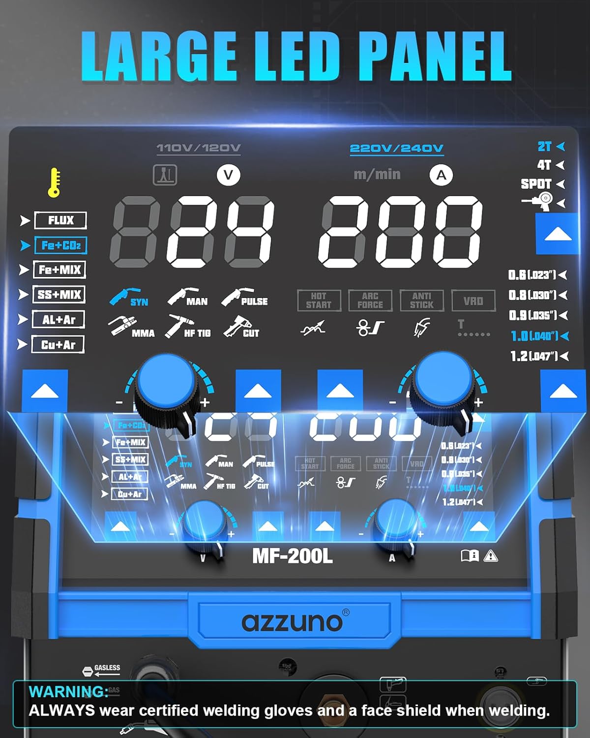 AZZUNO 200A Plasma Cutter Welder Combo, 9 in 1 Multiprocess Welder Machine Gas MIG/PULSE MIG/MAG/Flux Gasless MIG/Spool Gun Compatible/HF TIG/Stick/CUT/SPOT MIG, 110/220V Aluminum MIG Welding Machine