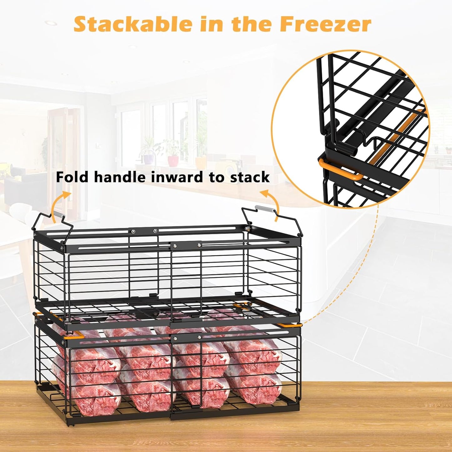 NADAMOO Freezer Organizer Bins, 4 Packs Large Expandable Stackable Chest Freezer Containers with Handle, Metal Adjustable Storage Baskets for Fridge, Deep Freezer, Cabinet, Kitchen, Pantry - Black