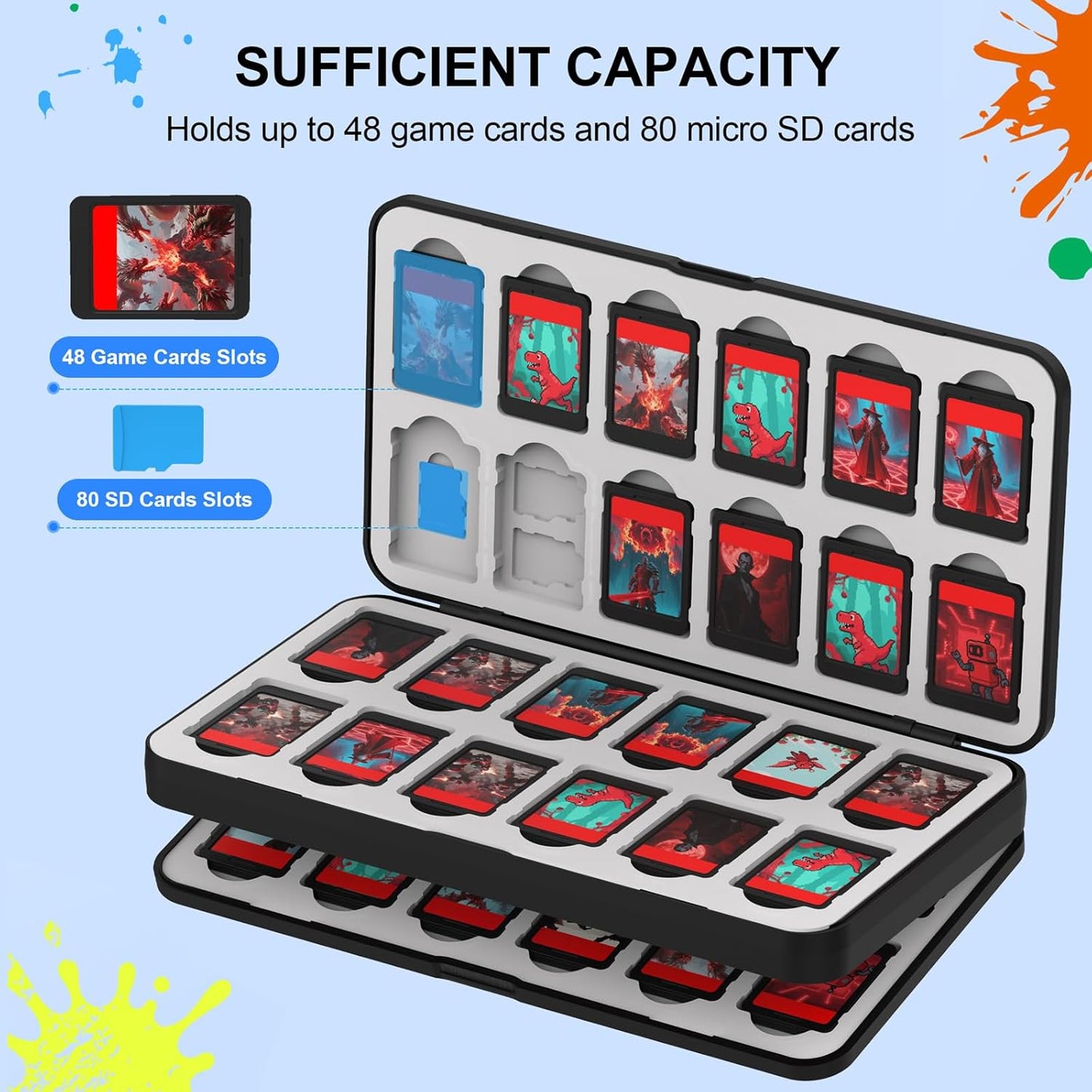 QuoLumPIA 48 Game Card Case Compatible for Nintendo Switch 2/OLED/Switch/Switch Lite, storage 48 Game Cards & 80 Micro SD cards, Black, hard shell, magnetic closure, soft silicone linning
