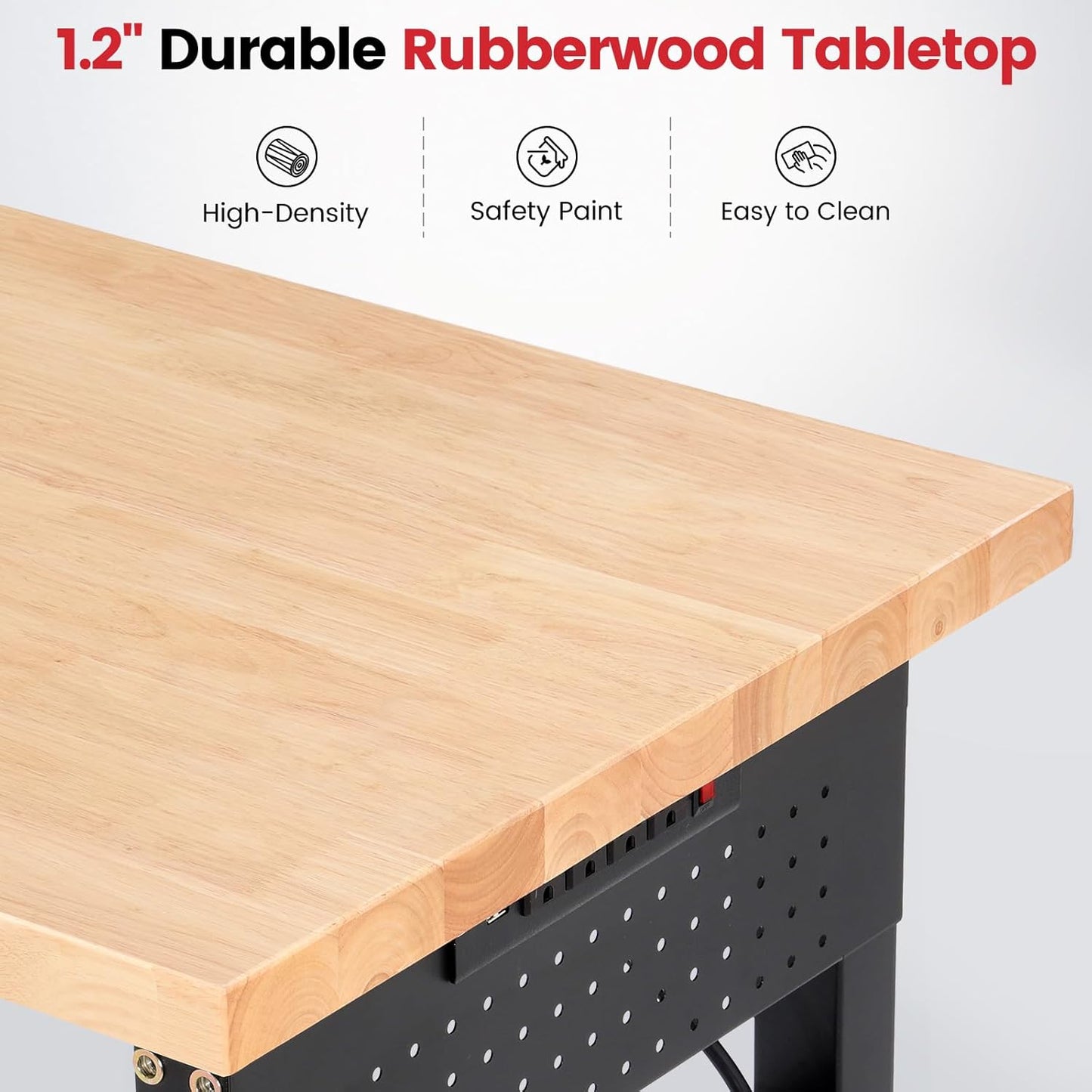Work Bench 96 Inch Heavy Duty Work Table with Power Outlets & Extended Pegboard Adjustable Height 5000 Lbs Load Capacity Workstation for Garage, Workshop, Home, Office