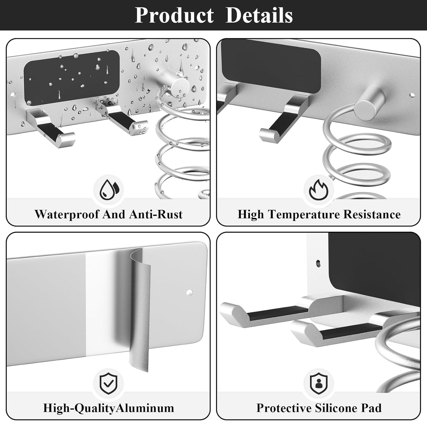 Tindbea Hair Dryer Holder + Curling Iron Holder,Blow Dryer Holder Wall Mount, Bathroom Hair Tool Organizer Rack for Universal Dryer Silver Color