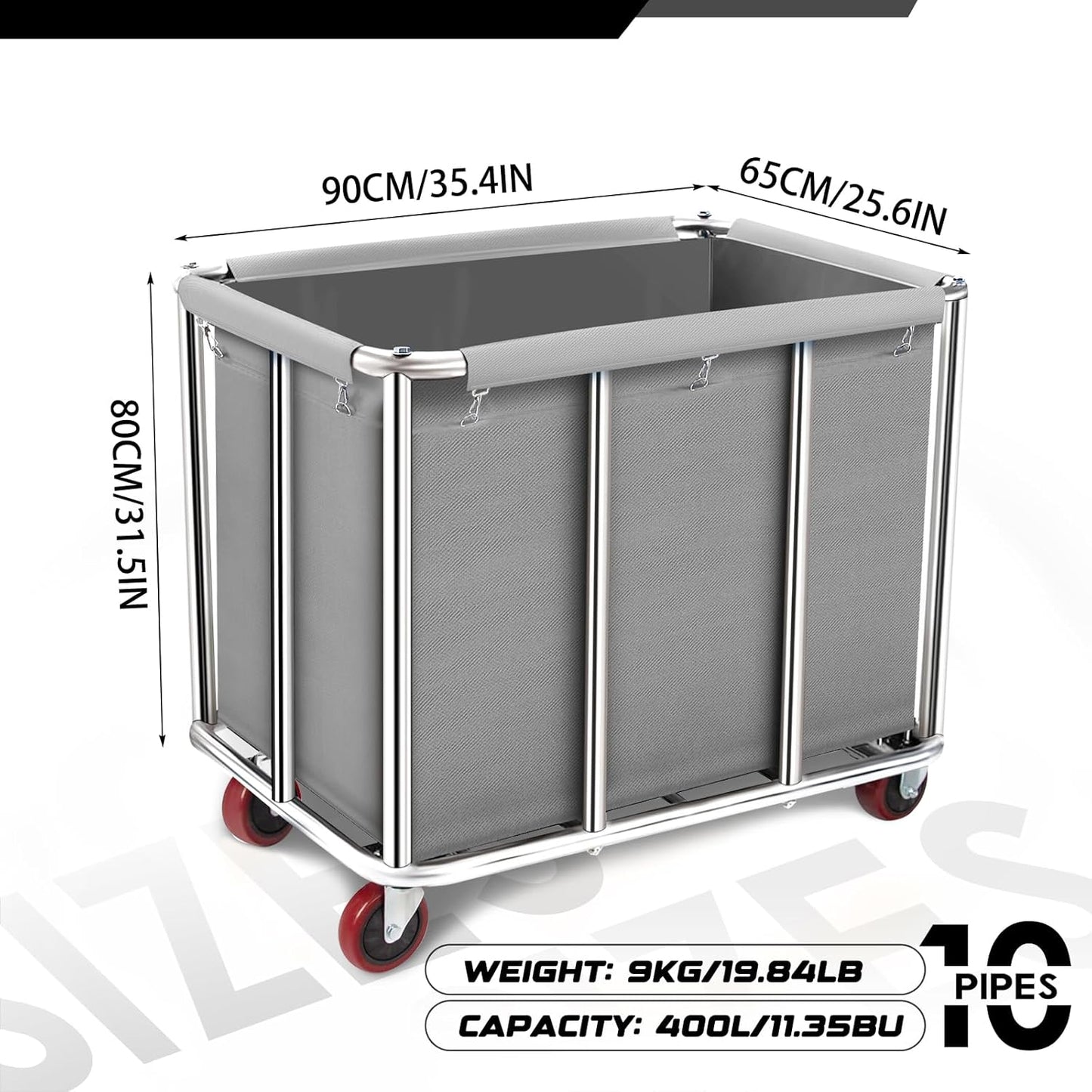 Commercial Laundry Cart on Wheels, 11.35 Bushels Large Laundry Roller, Heavy Duty Stainless Steel, Gray-10