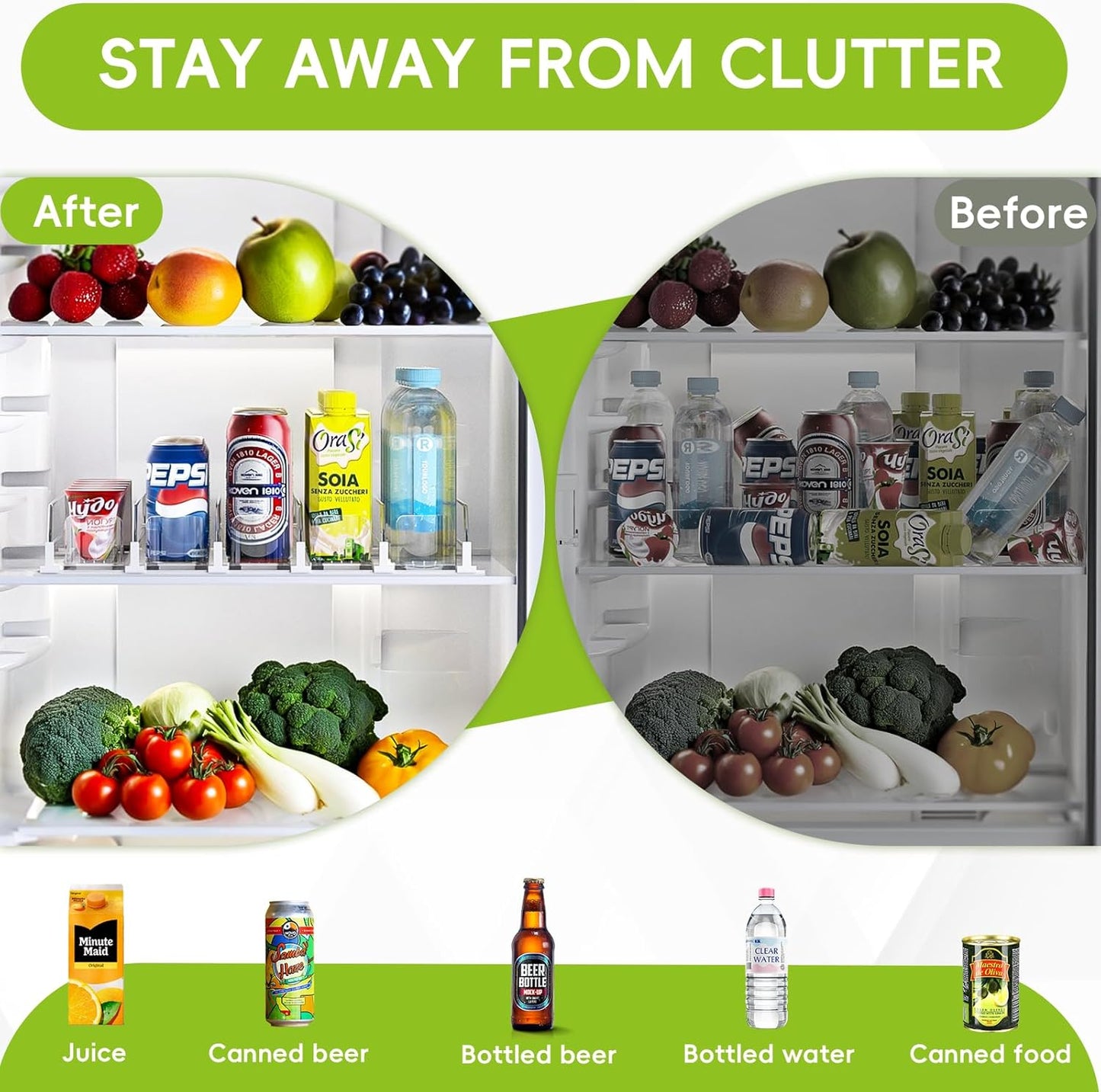 Soda Can Dispenser for Refrigerator,Self-Pushing Drink Organizer for Fridge, Width Adjustable Fridge Organization, Beer Pop Can Water Bottle Drink Dispenser for Fridge (15.1"D) White (5 Row, White)