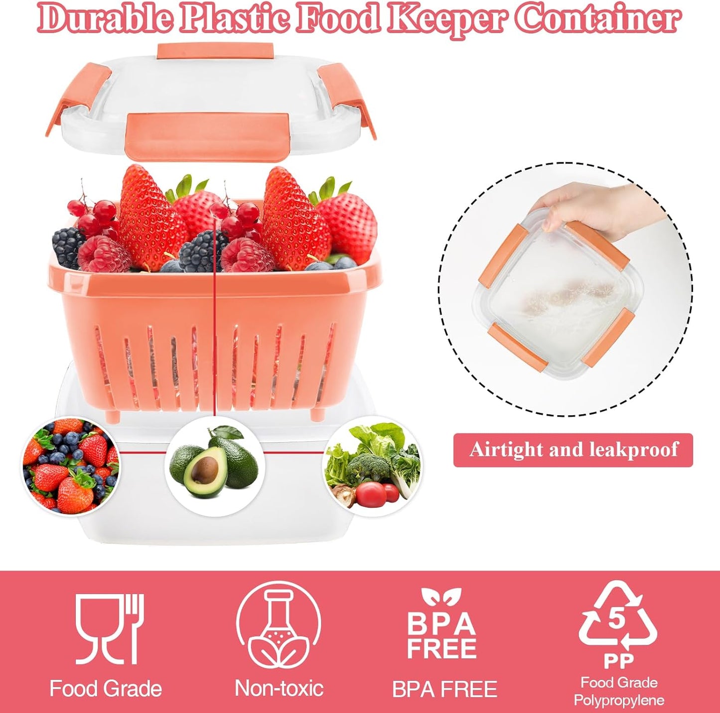 50oz Berry Keeper Fruit Storage Container for Fridge, Fresh Food Produce Saver Containers with Removable Drain Colander, Vegetable Lettuce Keeper Bowl, Refrigerator Organizer, PRESS TO OPEN CLOSE LID