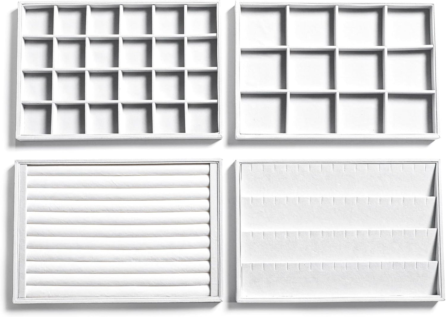 Frebeauty Stackable Velvet Jewelry Organizer Trays for Drawers Inserts Jewelry Storage Tray Display Case, Stud Earrings Bracelets Necklace Rings Accessories Trays for Women(Set of 4)(White)