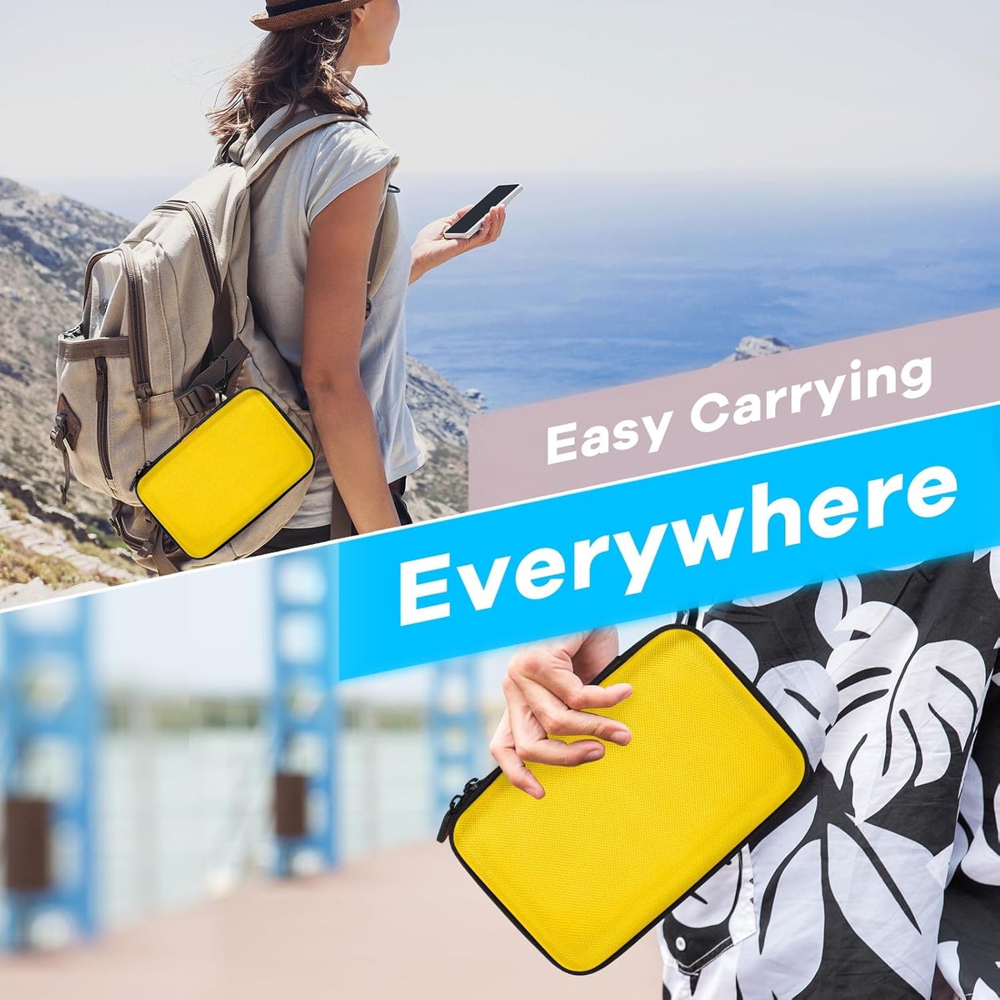 Bright Yellow Hard Shell Electronic Organizer Carrying Case - Shockproof Large Storage Case for Hard Drive, Phone, Power Bank, Charger, Earbuds - Zipper Pouch Gadget Bag for Business, Travel