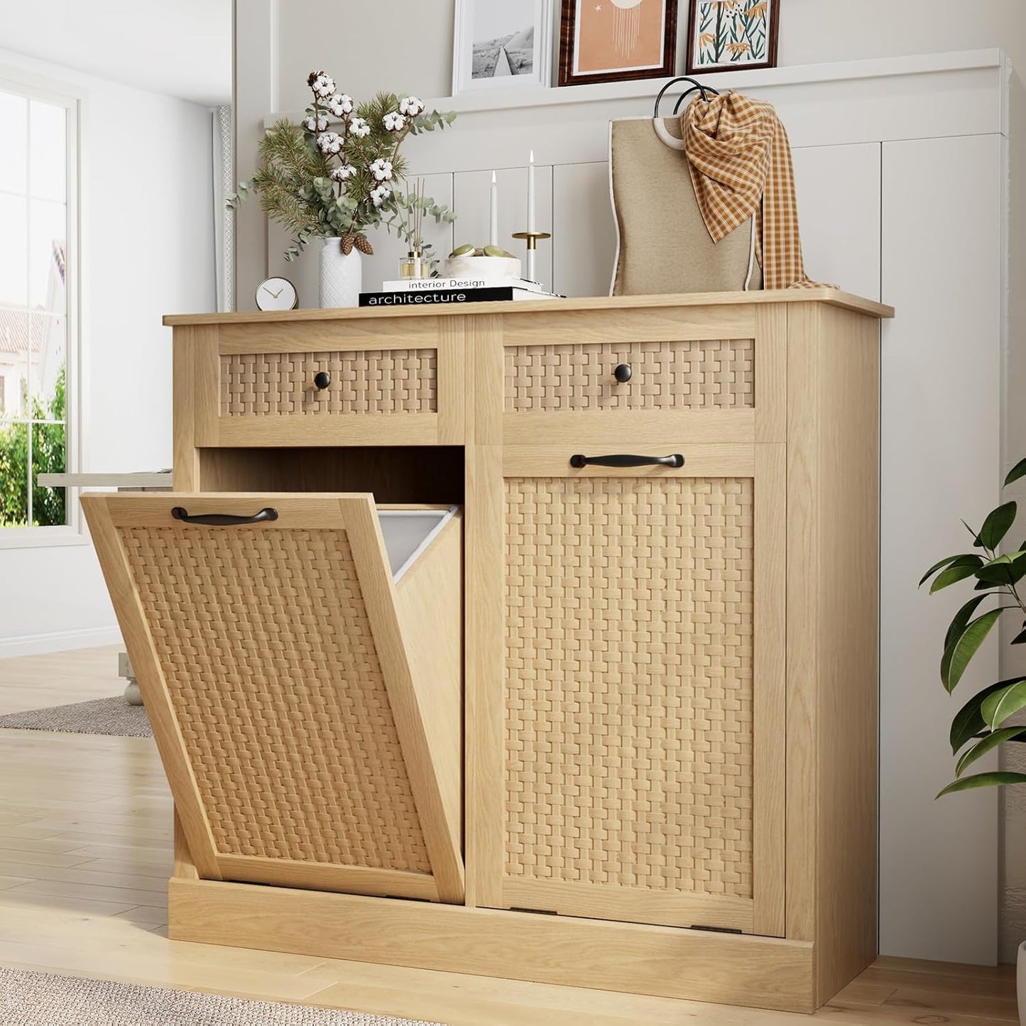 Double Tilt Out Laundry Hamper Cabinet,10 Gallon Laundry Cabinet with Drawers ＆ 2 Hidden Baskets, Farmhouse Storage Basket for Laundry Room, Bathroom, Kitchen, Wood