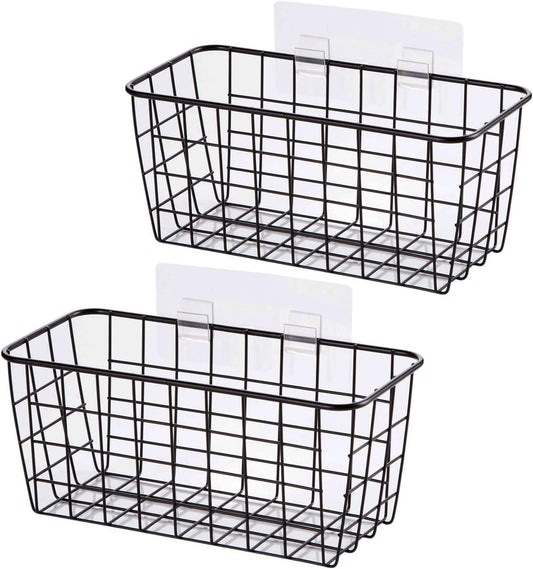 2 Set Adhesive Hanging Wall Basket Inside Cabinet Door Organizer,Wall StorageBasket-No Drilling Adhesive wall Basket for Cupboard Door, Space-Saving Small Hanging Baskets for Wall Mount Storage,Black