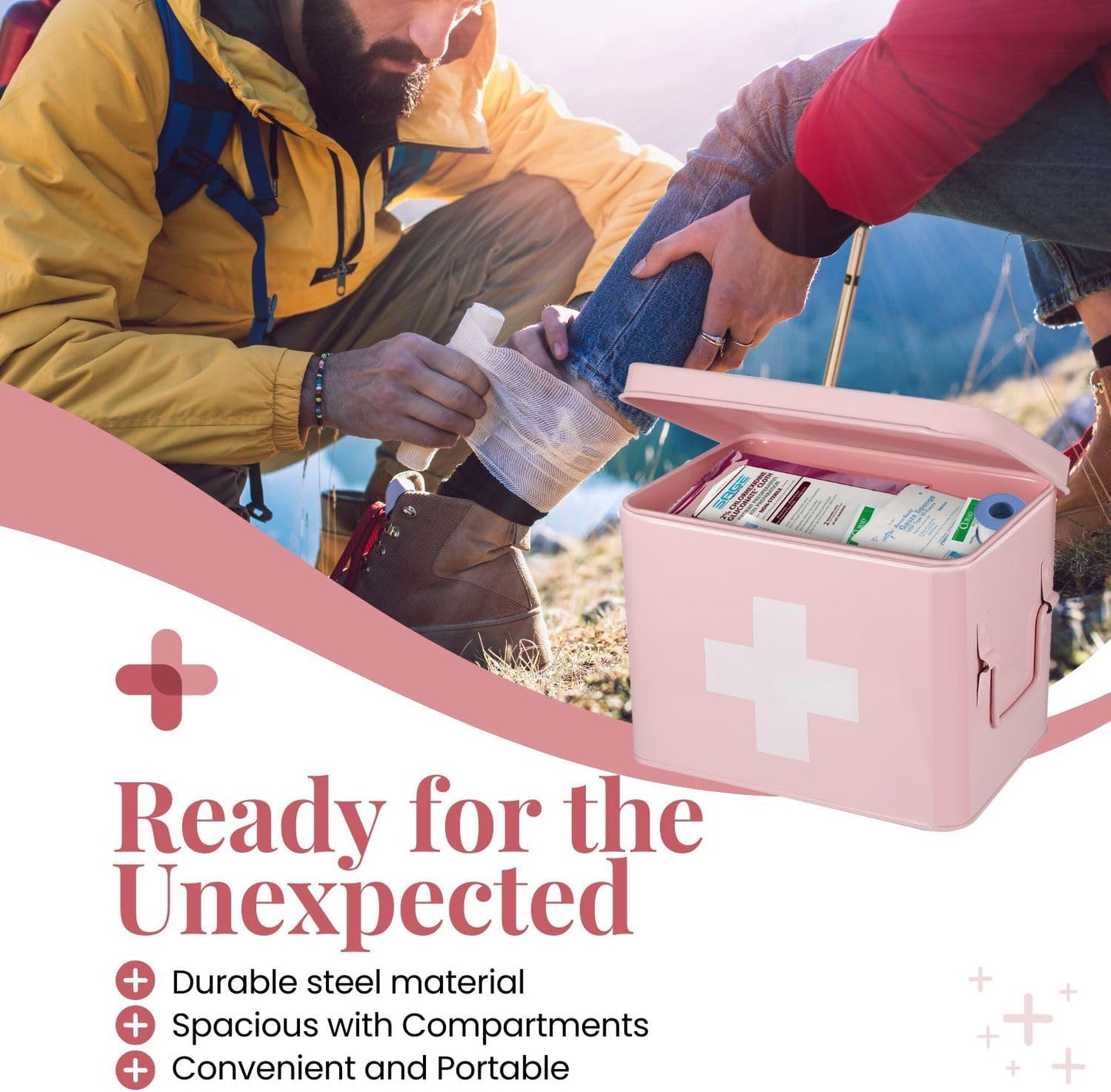 Flexzion First Aid Box Organizer, Empty 8.5 Inch Pink Vintage First Aid Kit Tin Metal Medical Box First Aid Storage Box Container Bins with Dividers, Removable Tray and Cross Logo