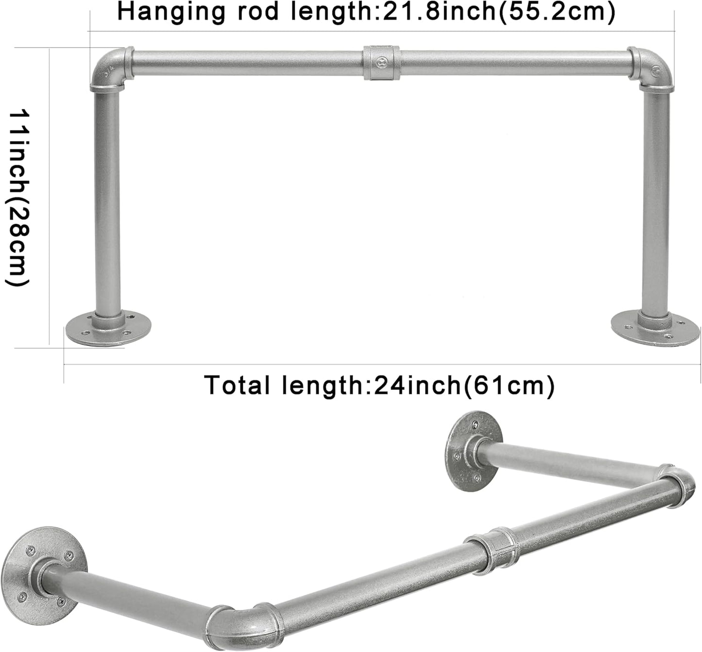 WEBI Industrial Pipe Clothing Rack,24" Wall Mounted Clothes Rack for Hanging Clothes,Heavy Duty Metal Garment Rack Bar Wall Mount Clothing Rod for Closet,Laundry Room,Silver