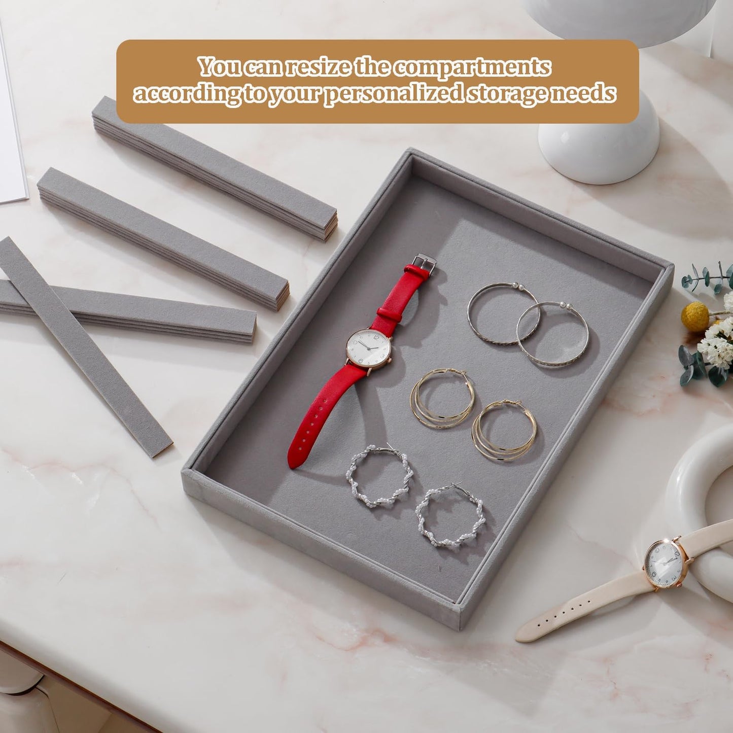 Large Jewelry Organizer for Drawer Insert Velvet Stackable Jewelry Trays for Earring Necklace Bracelet Ring Display (Gray, 16 Grids)