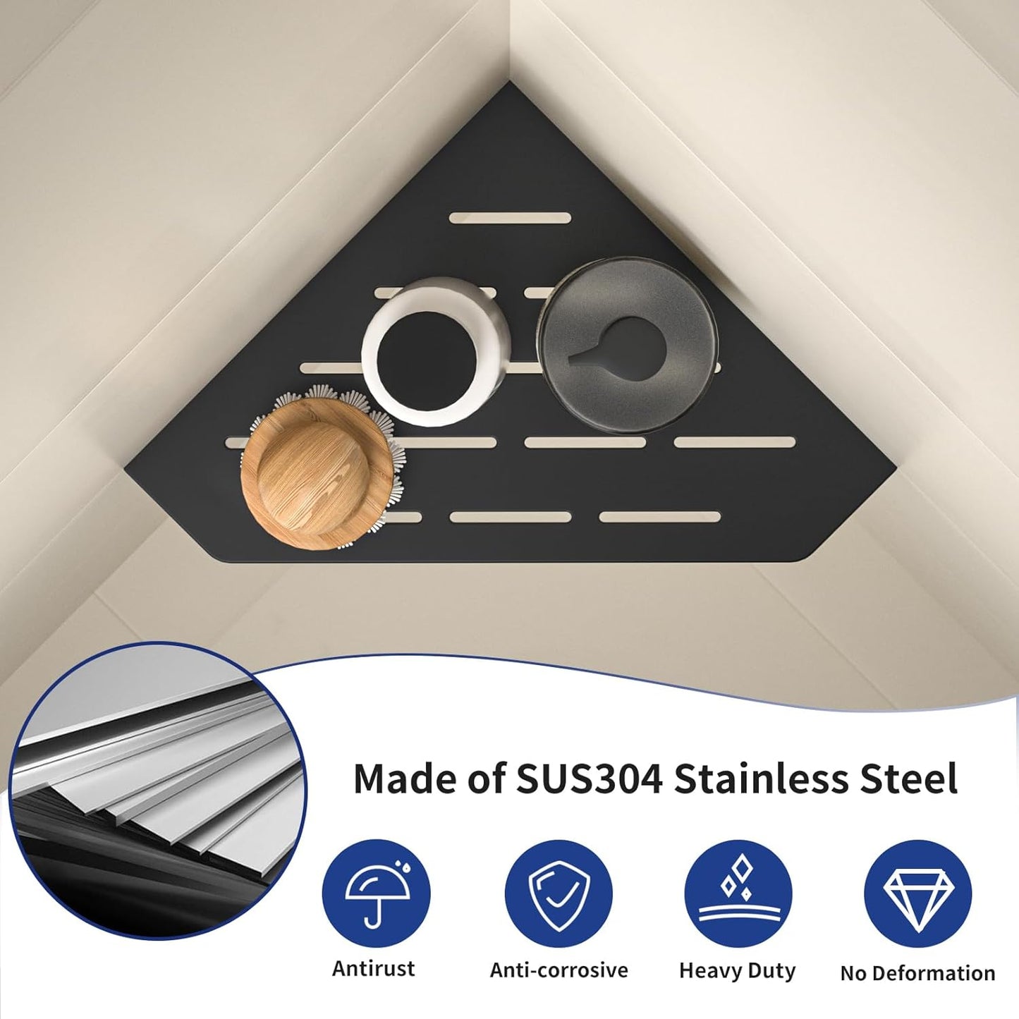 Corner Shower Shelf, 304 Stainless Steel Pentagonal Heavy Duty Floating Corner Sheves Slot Design Recessed Bathroom Shelf for Tiled Wall 2 Pack(Matte Black, 8"-2 Pack)