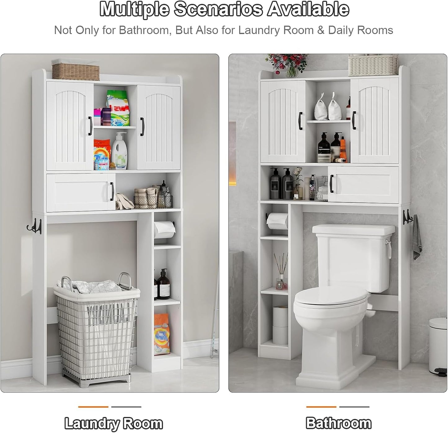 Vabches Farmhouse Over The Toilet Storage Cabinet with 2 Barn Doors & Sliding Door, Over The Toilet Bathroom Organizer with Open Storage Layer and Adjustable Shelves & Hooks.White