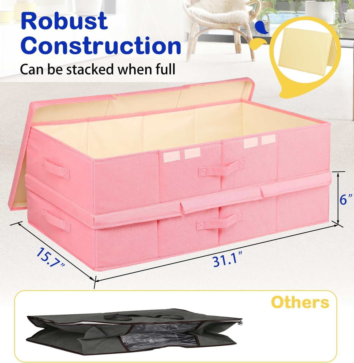 Under Bed Storage, Large Underbed Storage Containers with Lids, Foldable Clothes Storage Bins W/ Reinforced Handle for Bedroom Organization, Closet Organizers for Blanket, Shoe, Pillow -2 Pack, Pink