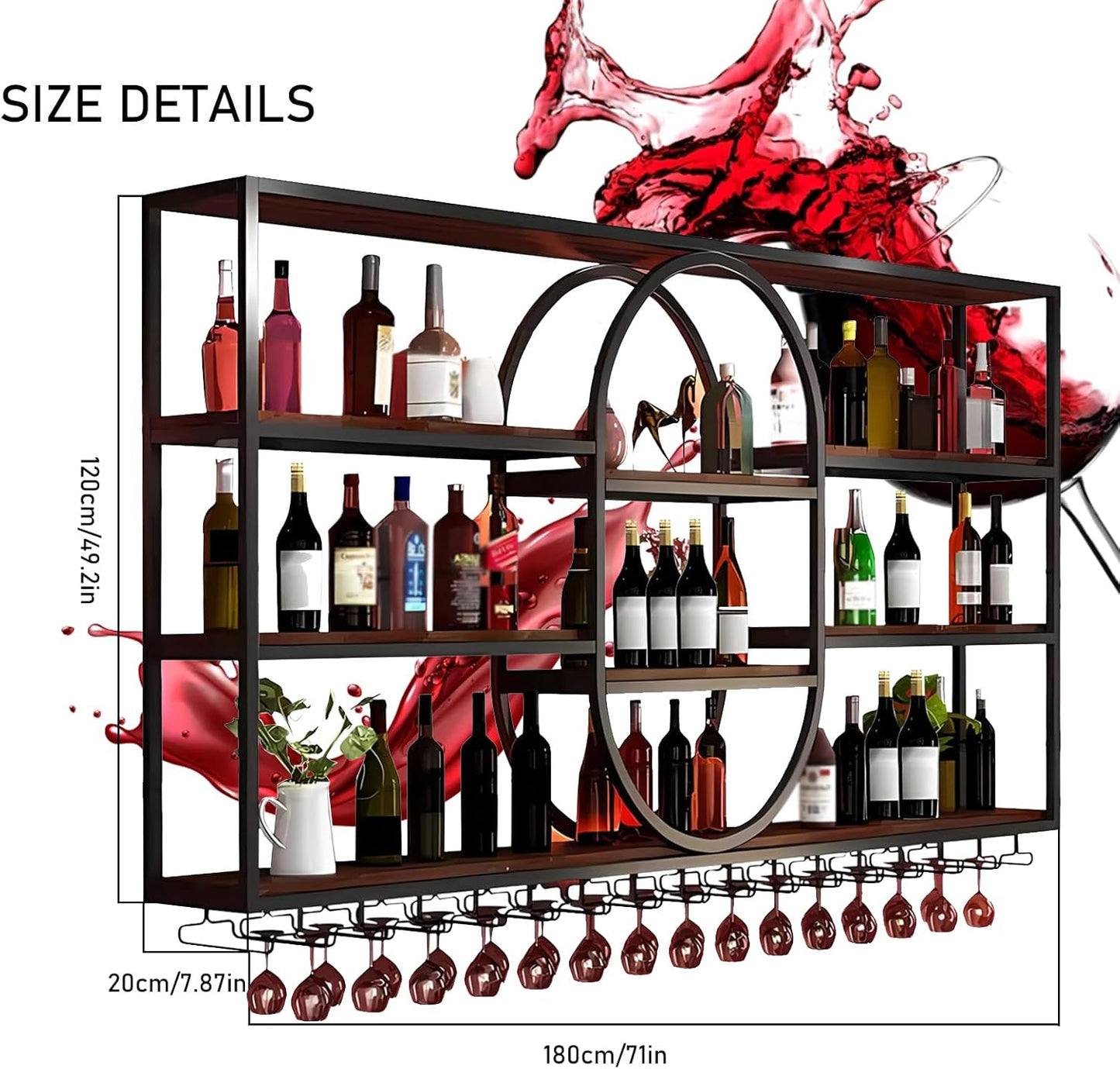 Large Wall Mount Wine Rack, Metal 4 Tier Large Capacity Hanging Bar Rack with Wine Glass Holder, Oval Wine Bottle Storage Display Rack for Kitchen, Living Room, Home (Black, 180cm/71in)