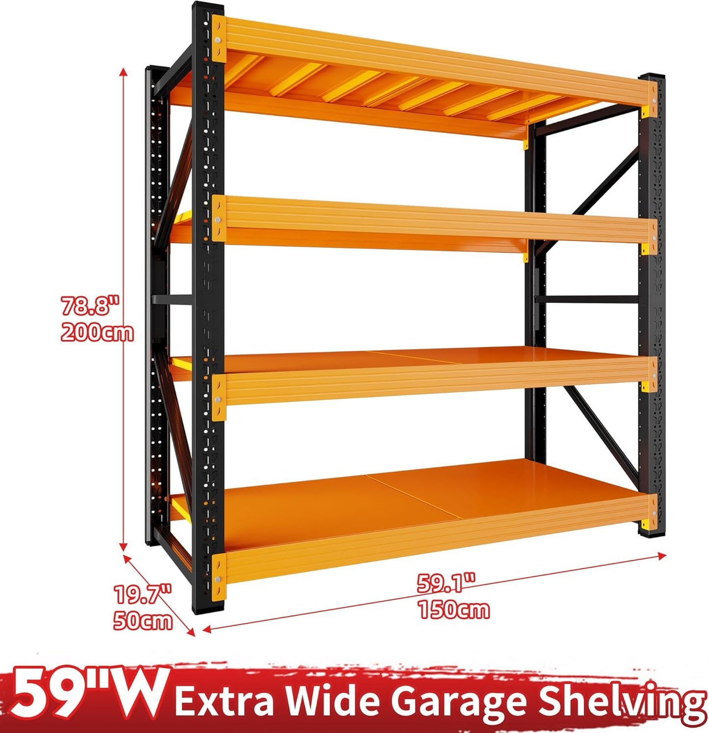 5000LBS Garage Shelving 59" W Garage Shelving Heavy Duty 4-Tier Metal Storage Shelves Adjustable Shelf Unit Storage Rack for Basement Supermarket Warehouse 59" W x 20" D x 78" H Black-Orange