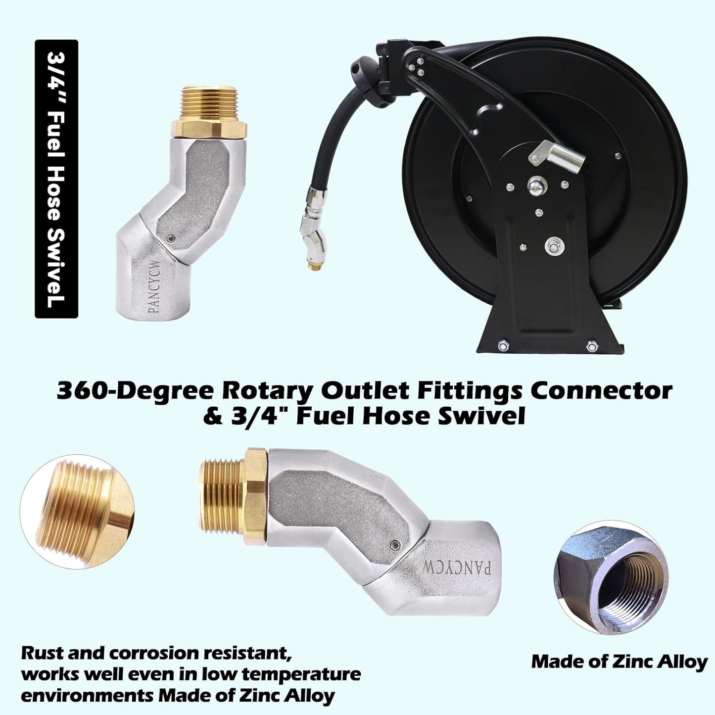 Fuel Hose Reel,3/4"X50' Retractable Ratchet Spring Driven Diesel Hose Reel,360 Rotating Fuel Hose Swivel,AUTO Fuel Nozzle,SS304 Elbow Pipe,Barb Fitting,300 PSI,Swivel Steel Construction Reel