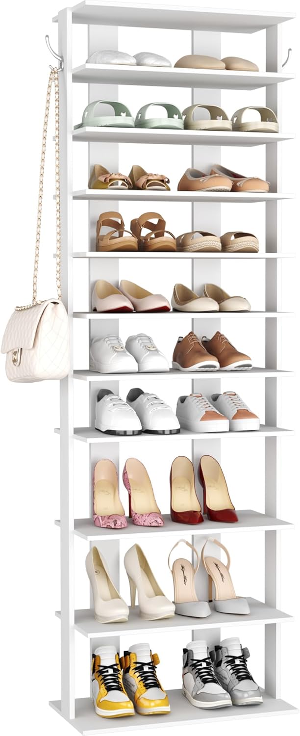 HOMEFORT 10-Tier Corner Shoe Tower - Double Rows, Slim Shoe Stand for 20 Pairs - Entryway, Hallway, Closet (White)