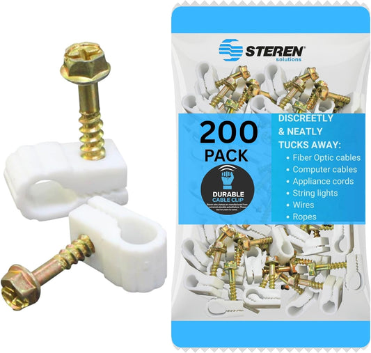 STEREN Coaxial Cable Clips - Cable Holder - Wire Clips - Siding Clips for Hanging - Cord Holder for Desk - Cable Clamps (White, 200 Count - Single Screw)