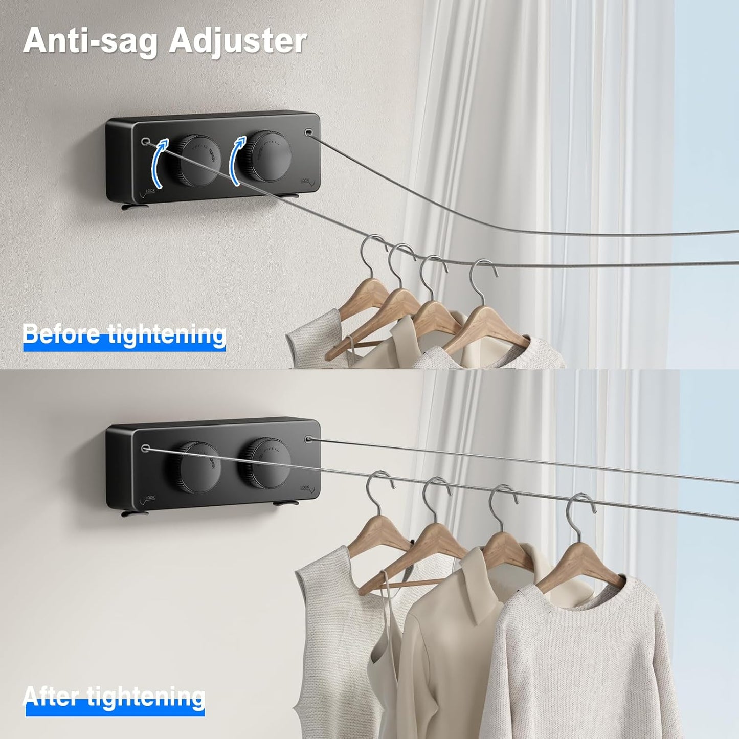 Retractable Clothesline Indoor, Non-Sagging Twin Clothes Line Retracting Outdoor Heavy Duty Clothes Drying Laundry Line Wall Mounted Stainless Steel Double Line-13.8 ft(Black)