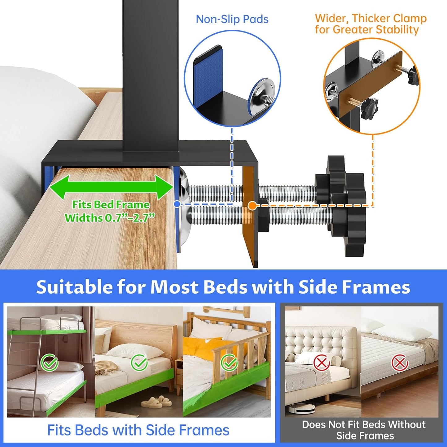 NiHome Height-Adjustable Bedside Shelf with Rotating Foldable Tray, Clip On Bed Side Tray Table, Overbed Table Fits Bed Frames 0.7"-2.7" Wide for Dorms, Apartments, Bedrooms, Dorm Essentials, White