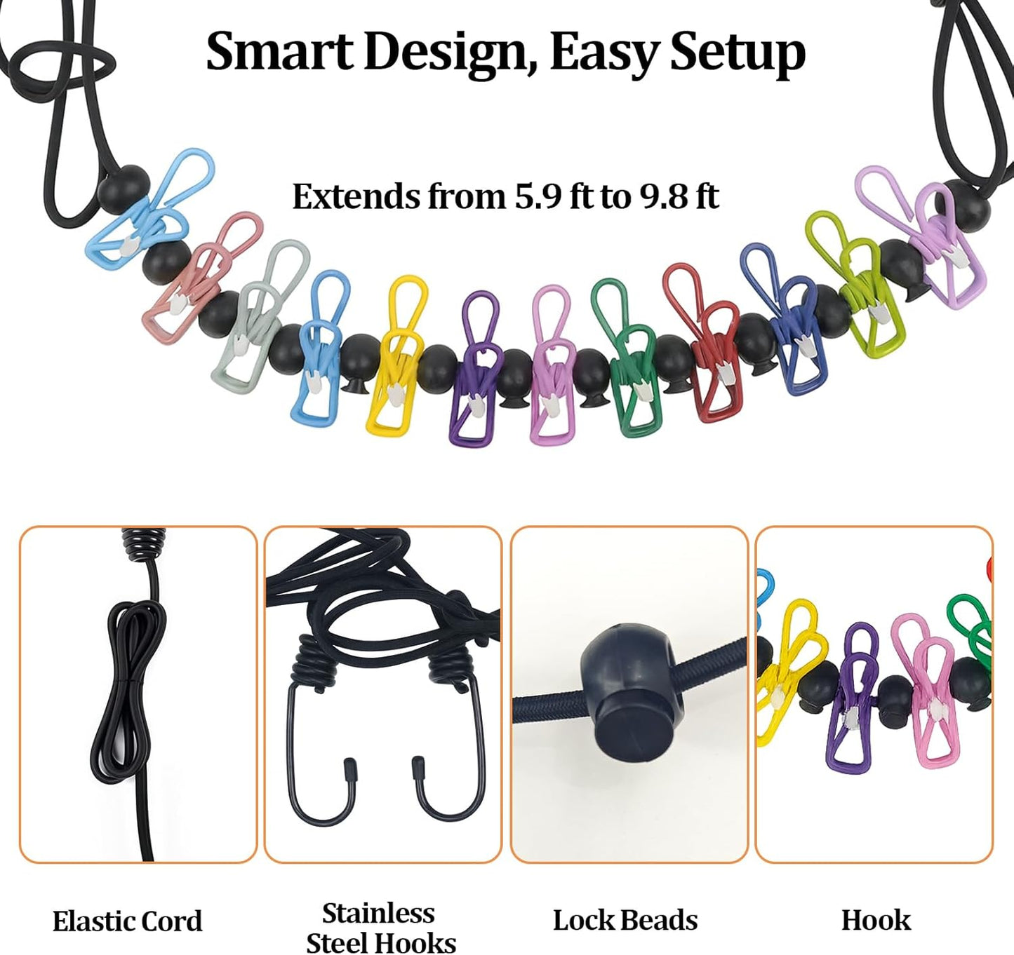 Travel Clothesline Retractable Portable Clothesline with 12 Clips Portable Elastic Camping Clothes Line with Anti-Slip Beads & Stainless Hooks for Hotel, RV, Boat, Outdoor Use (1 Pack)