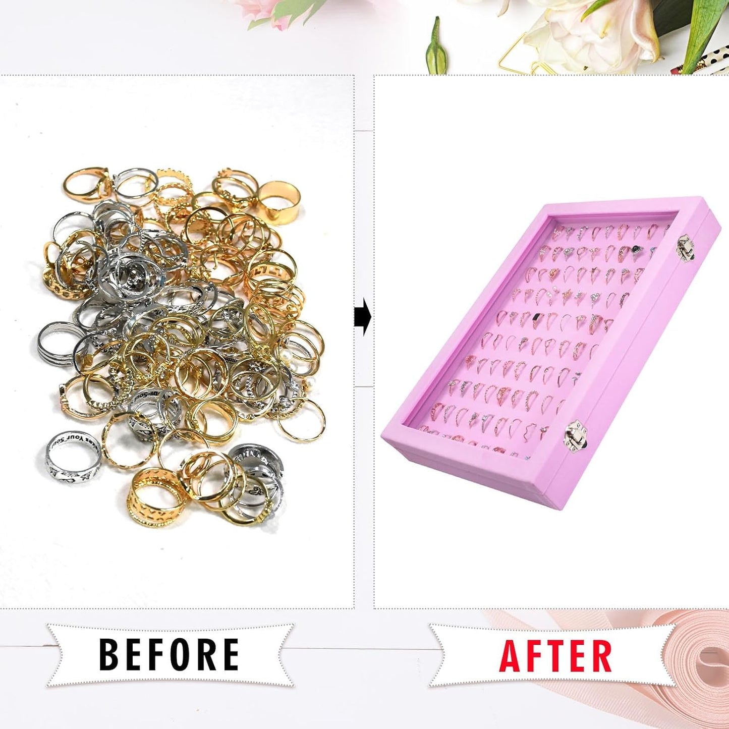 Velvet Ring Display Tray Organizer Box with Transparent Lid, 100 Slot Ring Holder Showcase For Store Display Jewelry Show Home, Pink
