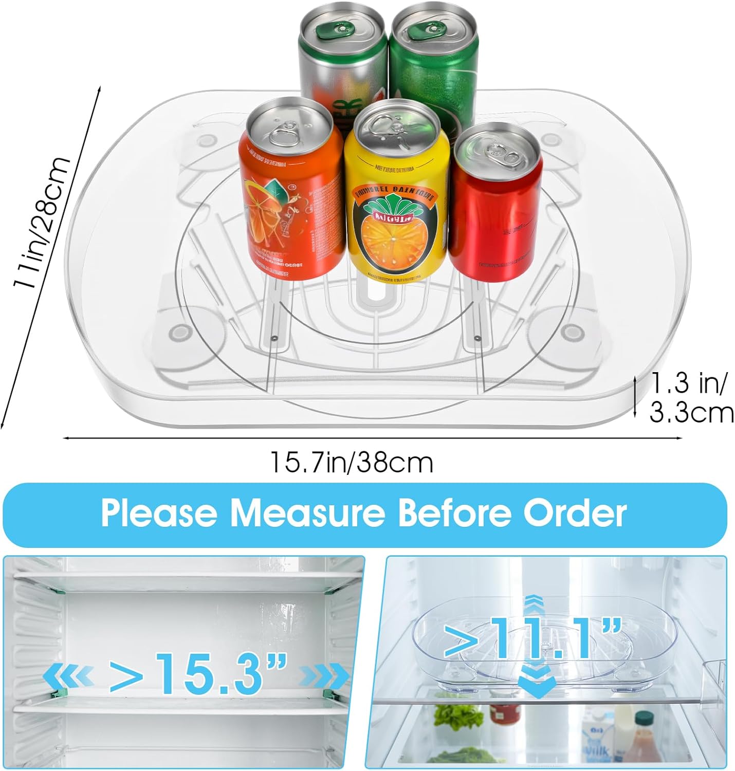 Lazy Susan Turntable for Refrigerator, 15"x11" Rotating Spice Rack Organizer 360°Clear PET Organizer Storage Tray Cabinet, Pantry Countertop with Suction Cups Large Rectangular Fridge Shelf