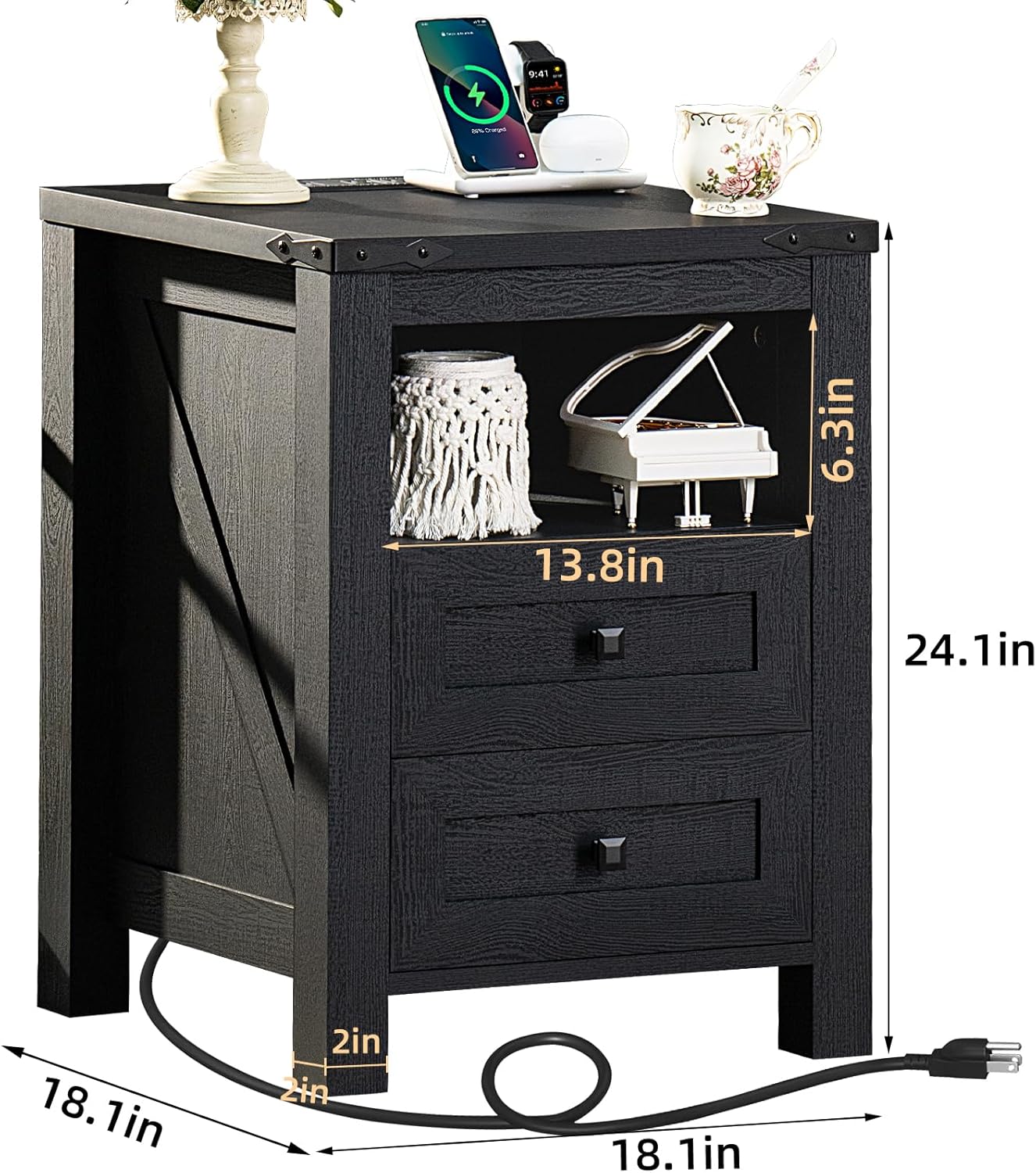 Night Stands with Charging Station Set of 2, Farmhouse Nightstand, Wooden Bedside End Tables with 2 Drawers and Open Shelf, Bed Side Table for Bedroom, Living Room, Closet, Office (Black)