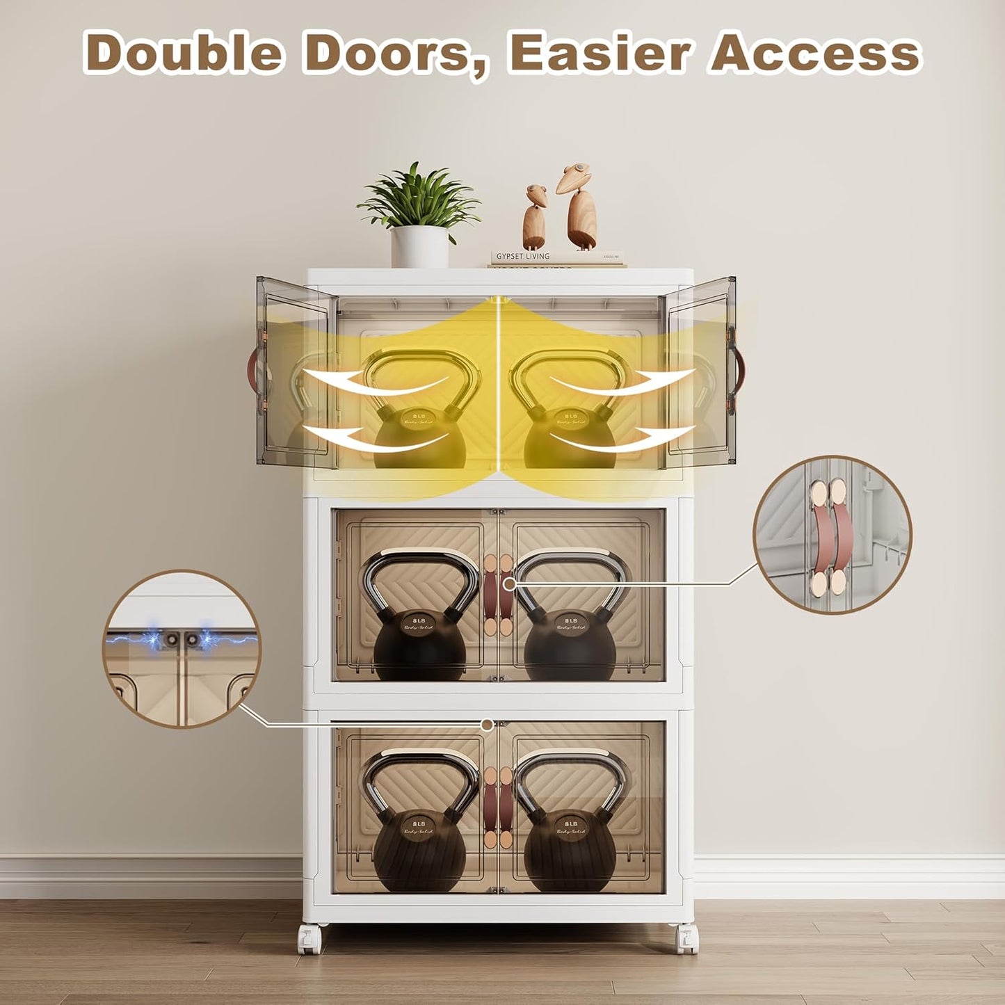 SAILUN 135QT Stackable Storage Bins with Lid, Collapsible Storage Bins With Doors and Wheels, Folding Plastic Cabinet Containers for Home Kitchen Closet Organization, 3 Pack