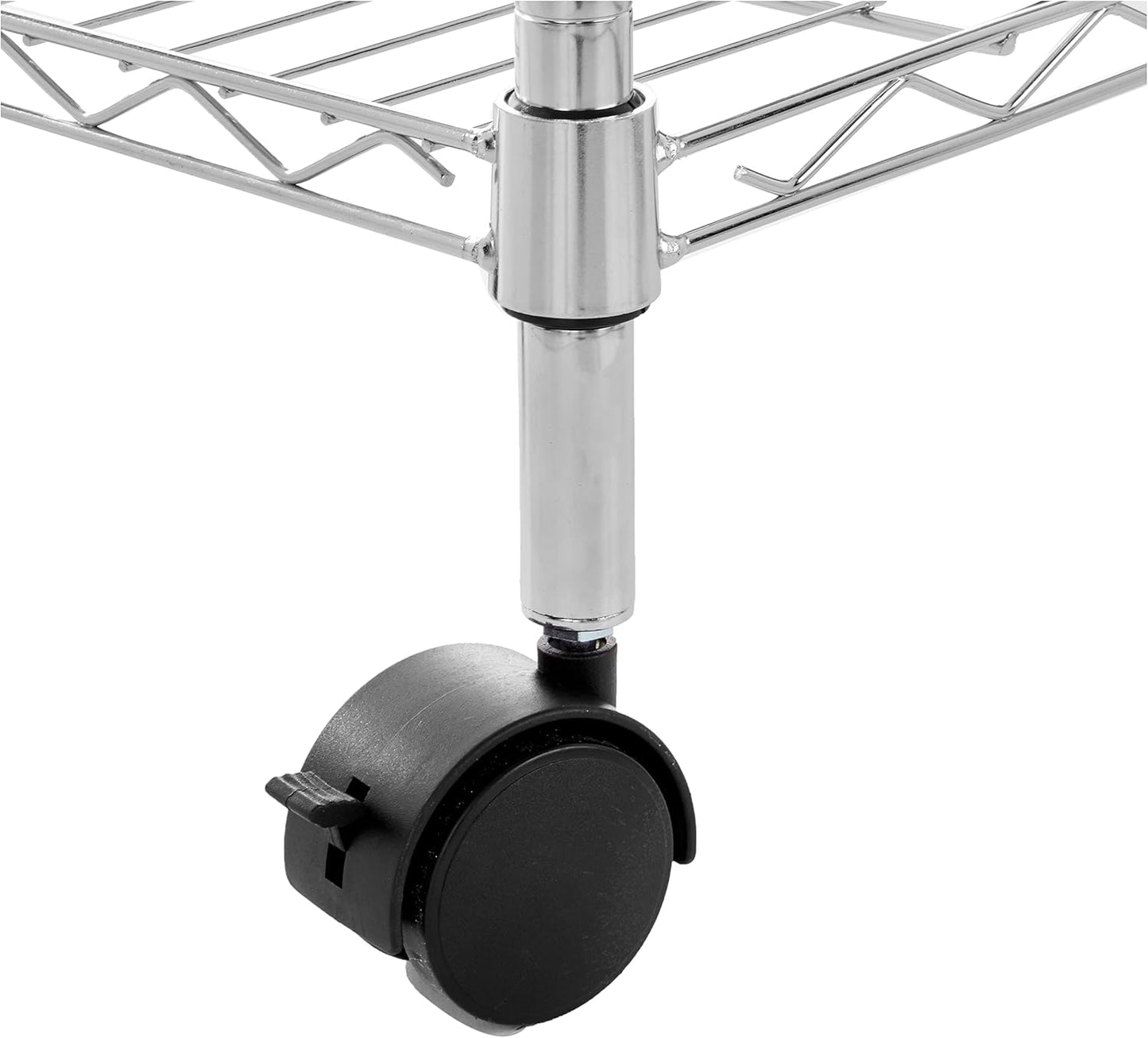 Amazon Basics 3-Shelf Adjustable, Heavy Duty Storage Shelving Unit on 2'' PP Plastic Wheel Casters, Metal Organizer Wire Rack, 23.2" L x 13.4" W x 32.75" H, Chrome