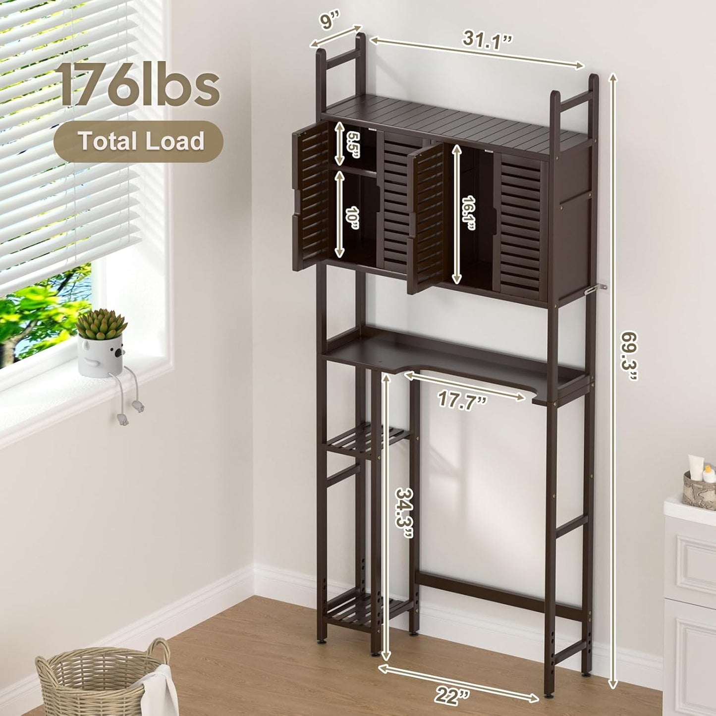 Over The Toilet Storage Cabinet with Paper Holder Stand,Bamboo Bathroom Organizer Shelf with Four Door and Waterproof Feet Pad,Space Saver Rack with Anti-Tip Design (Brown)